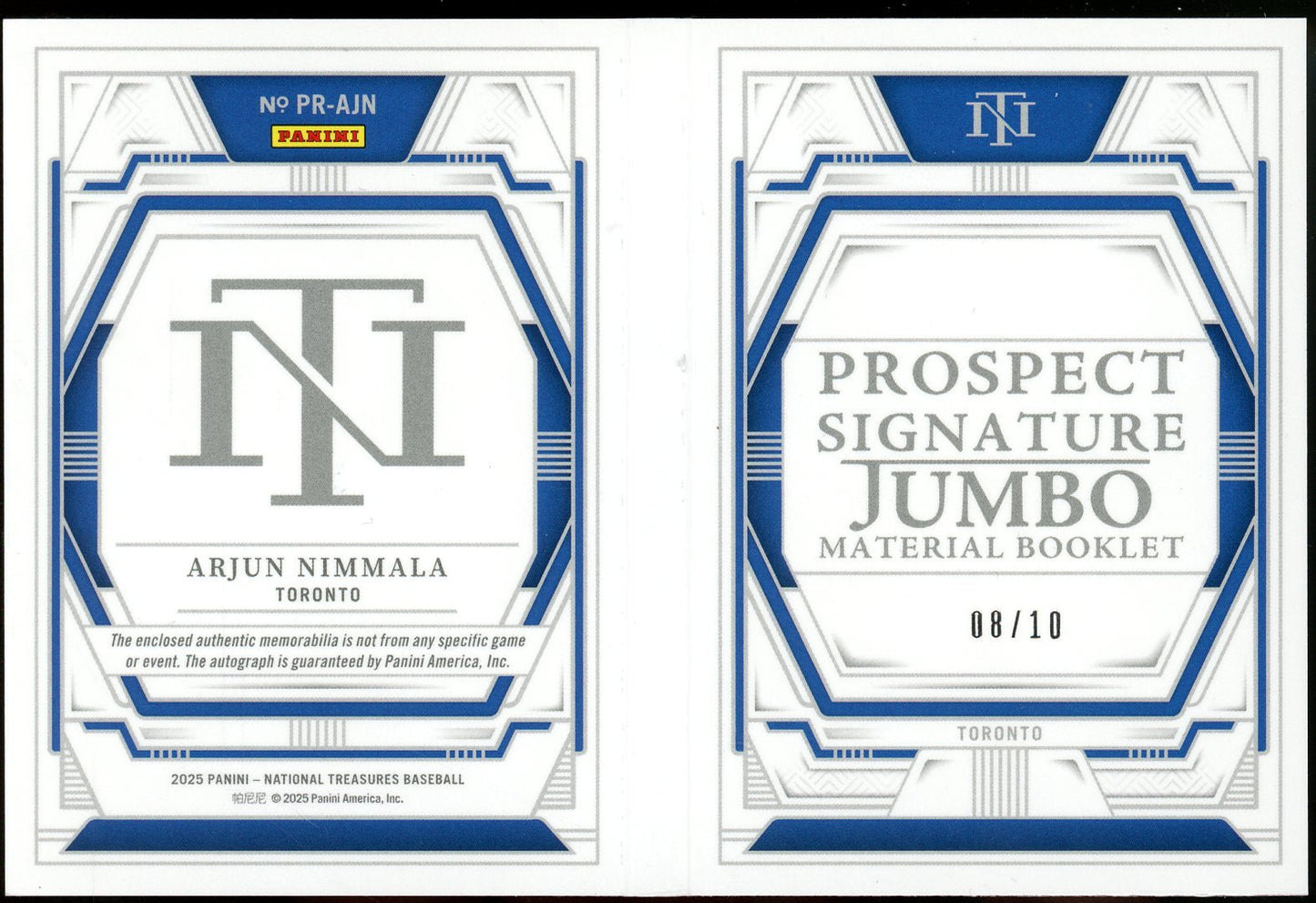 2025 Panini National Treasures Baseball Arjun Nimmala Prospect Signature Jumbo Material Booklet /10 Blue Jays - Trading Card Market