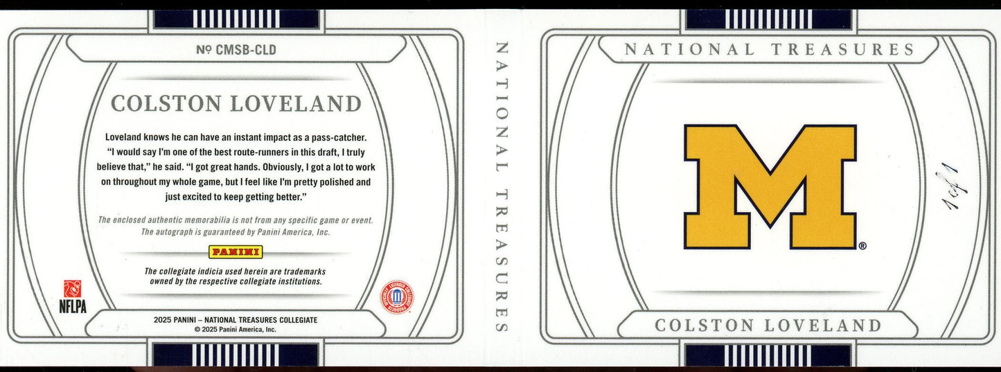 2025 Panini National Treasures Collegiate Colston Loveland 1/1 Rookie Booklet Autograph Patch - Trading Card Market