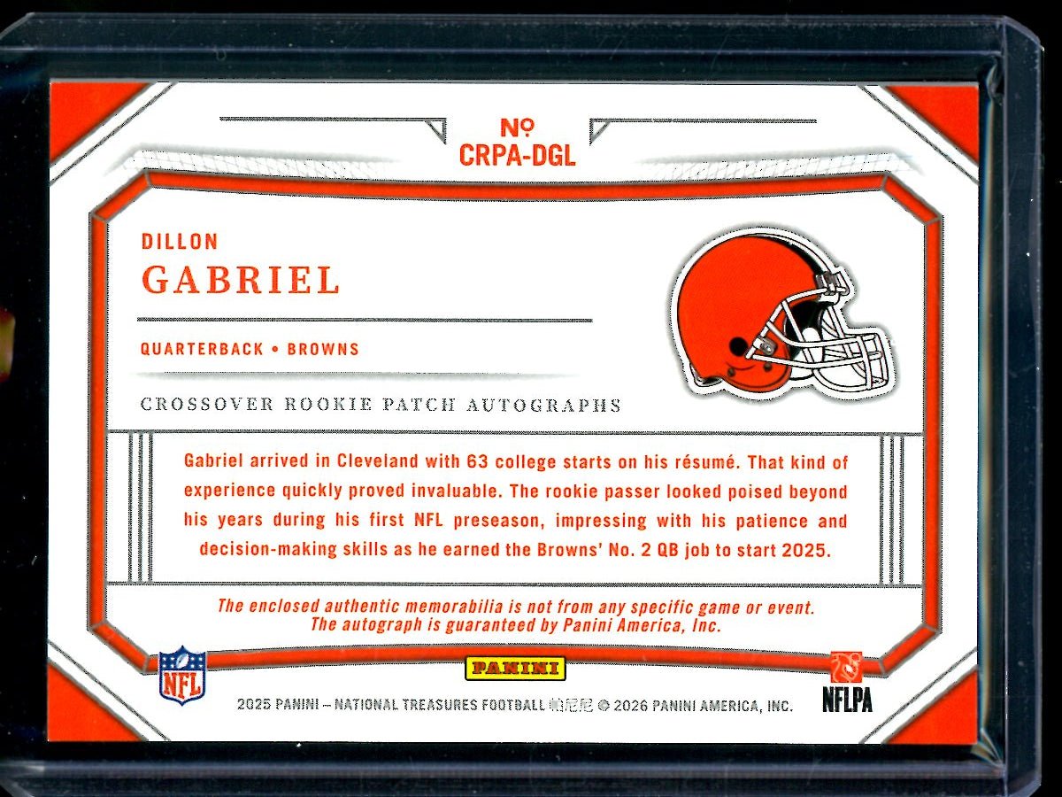 2025 Panini National Treasures Dillon Gabriel Crossover Rookie Patch Autograph /99 Browns - Trading Card Market