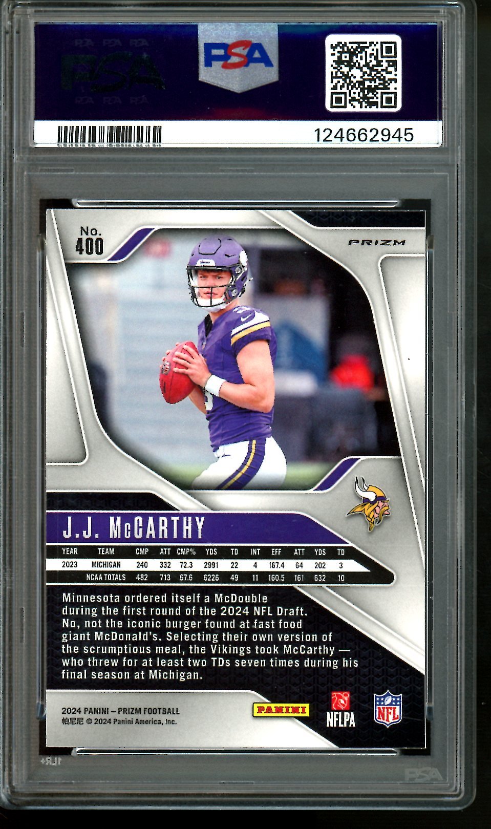 2024 Panini Prizm JJ McCarthy Silver Prizm Rookie PSA 10 Vikings - Trading Card Market