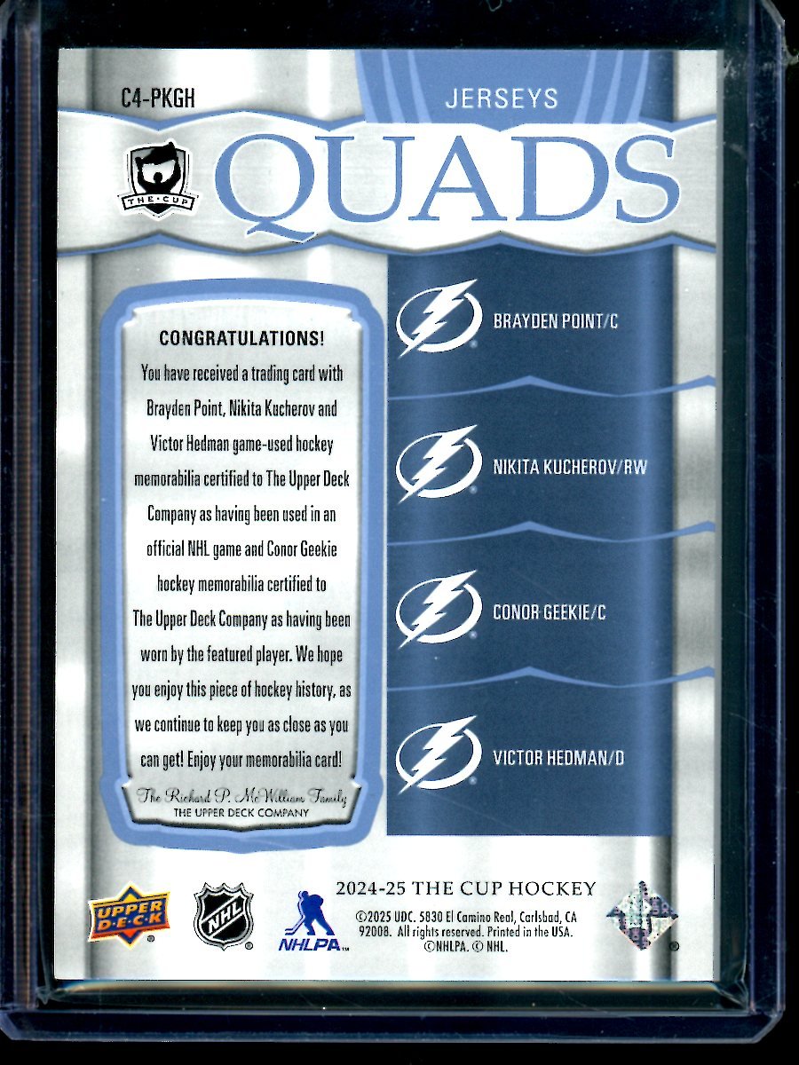 2025 Upper Deck The Cup Point / Kucherov / Geekie / Hedman Jersey Quads /25 Thunder - Trading Card Market