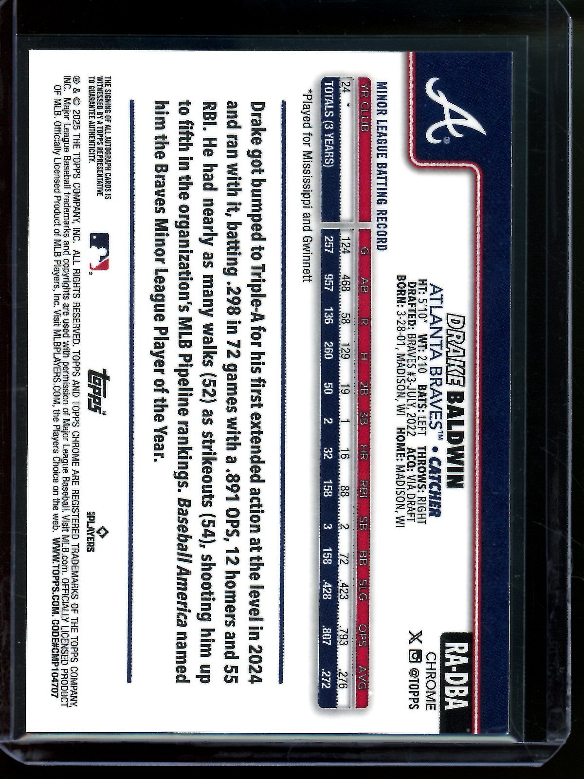 2025 Topps Chrome Drake Baldwin Rookie Autograph Braves - Trading Card Market