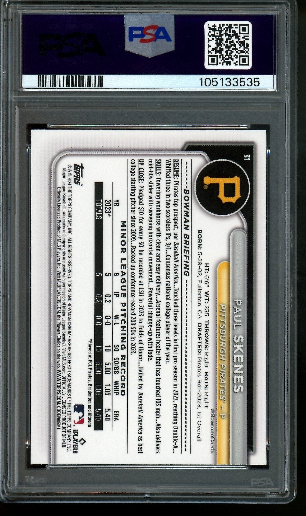 2024 Bowman Chrome Paul Skenes Fuchsia Refractor Rookie /299 PSA 10 Pirates - Trading Card Market
