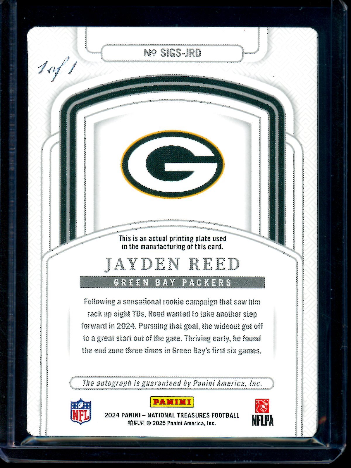 2024 Panini National Treasures Jayden Reed Silver Ink Autograph Printing Plate 1/1 Packers - Trading Card Market
