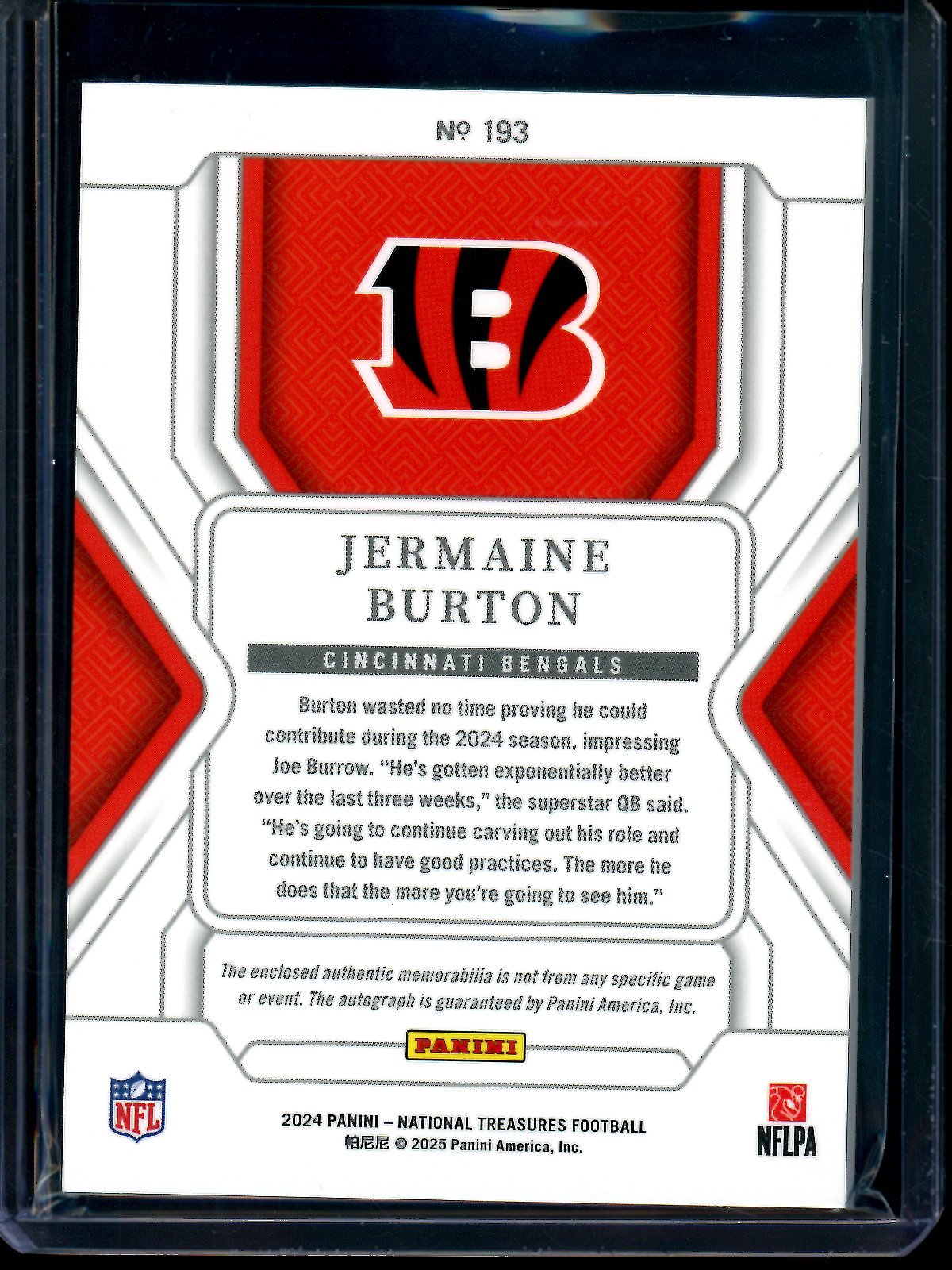 2024 Panini National Treasures Jermaine Burton Rookie Patch Autograph /99 Bengals - Trading Card Market