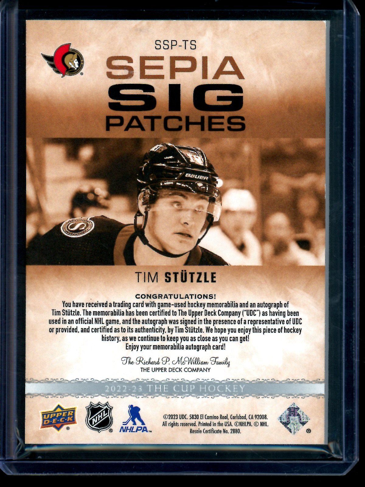 2023 Upper Deck The Cup Tim Stutzle Sepia Sig Patches /35 Senators - Trading Card Market