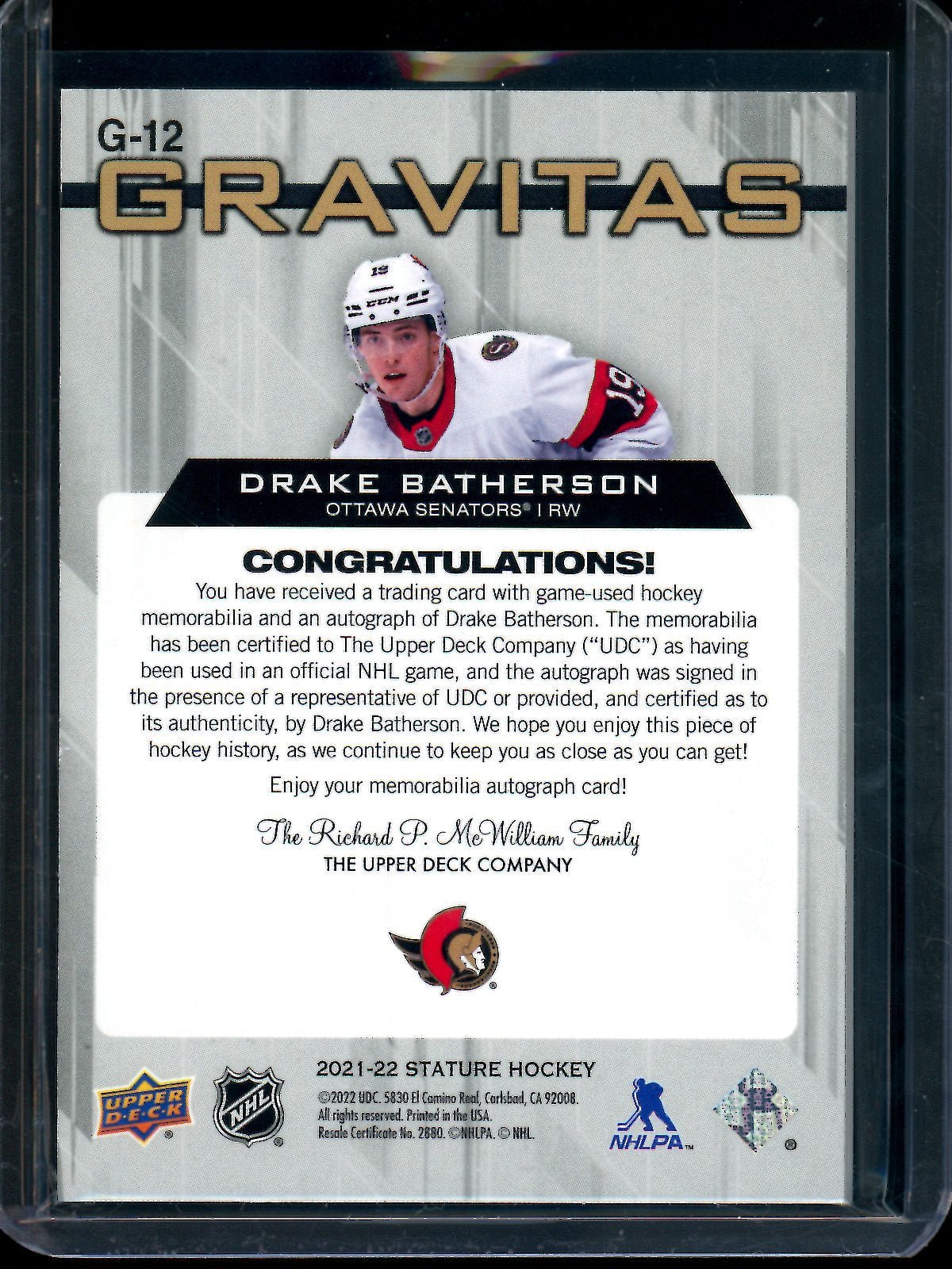 2022 Upper Deck Stature Drake Batherson Gravitas Patch Autograph /7 Senators - Trading Card Market