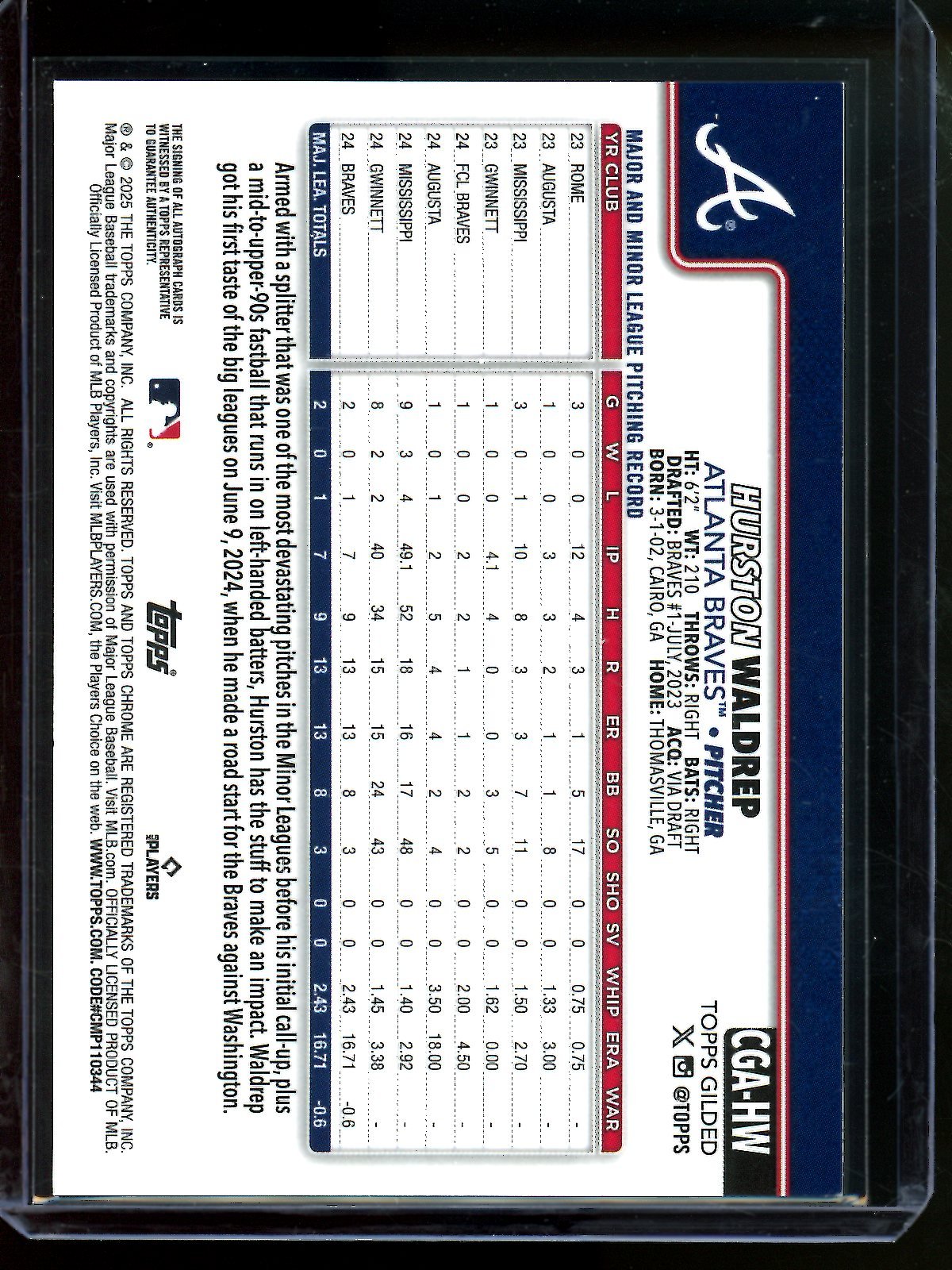 2025 Topps Gilded Hurston Waldrep Rookie Refractor Autograph /99 Braves - Trading Card Market