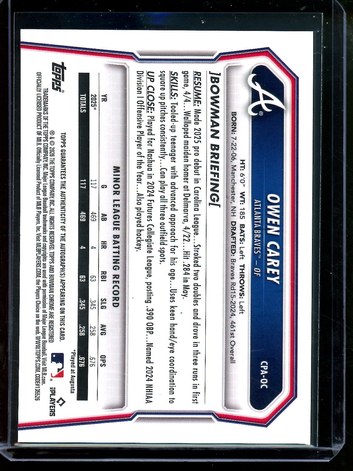 2026 Bowman Chrome Owen Carey 1st Autograph Braves - Trading Card Market