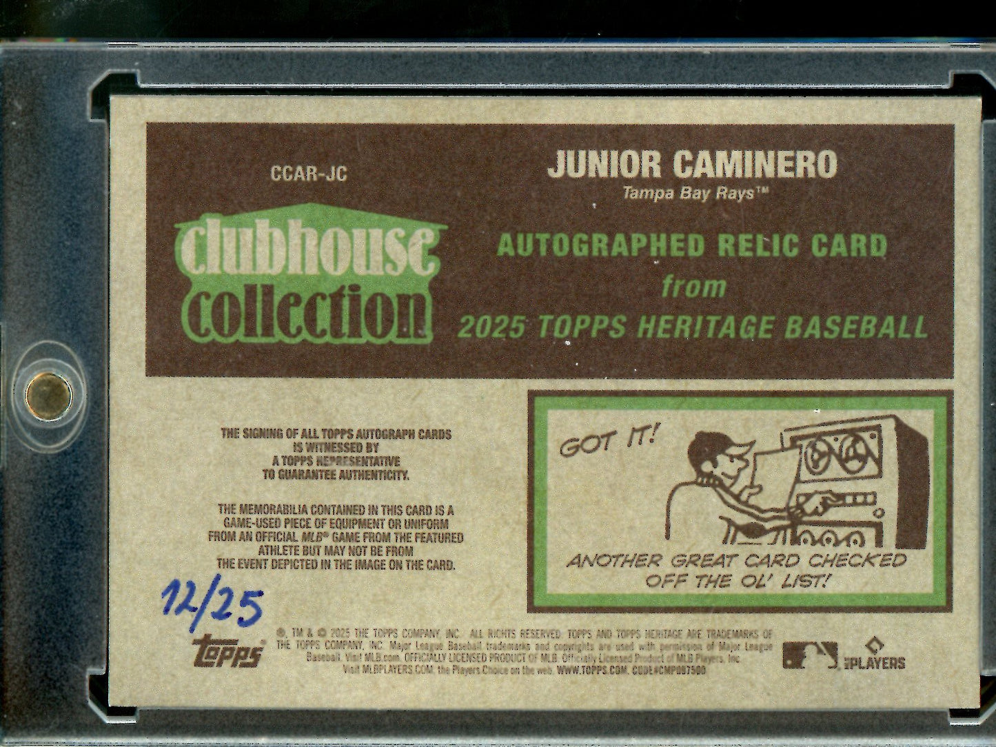 2025 Topps Heritage Junior Caminero Clubhouse Collection Patch Autograph /25 Rays - Trading Card Market