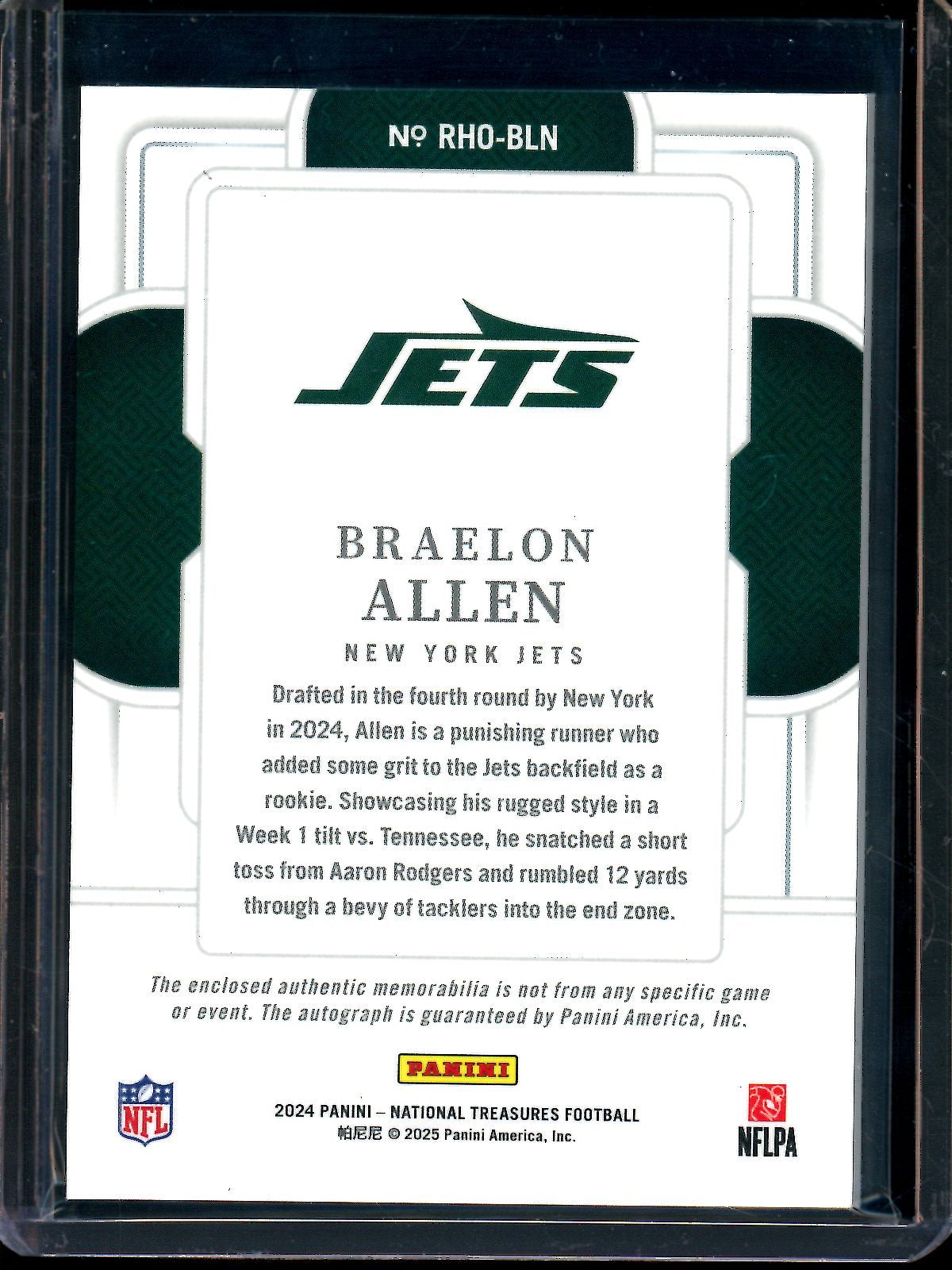 2024 Panini National Treasures Braelon Allen Rookie Hats Off Patch Autograph /3 Jets - Trading Card Market