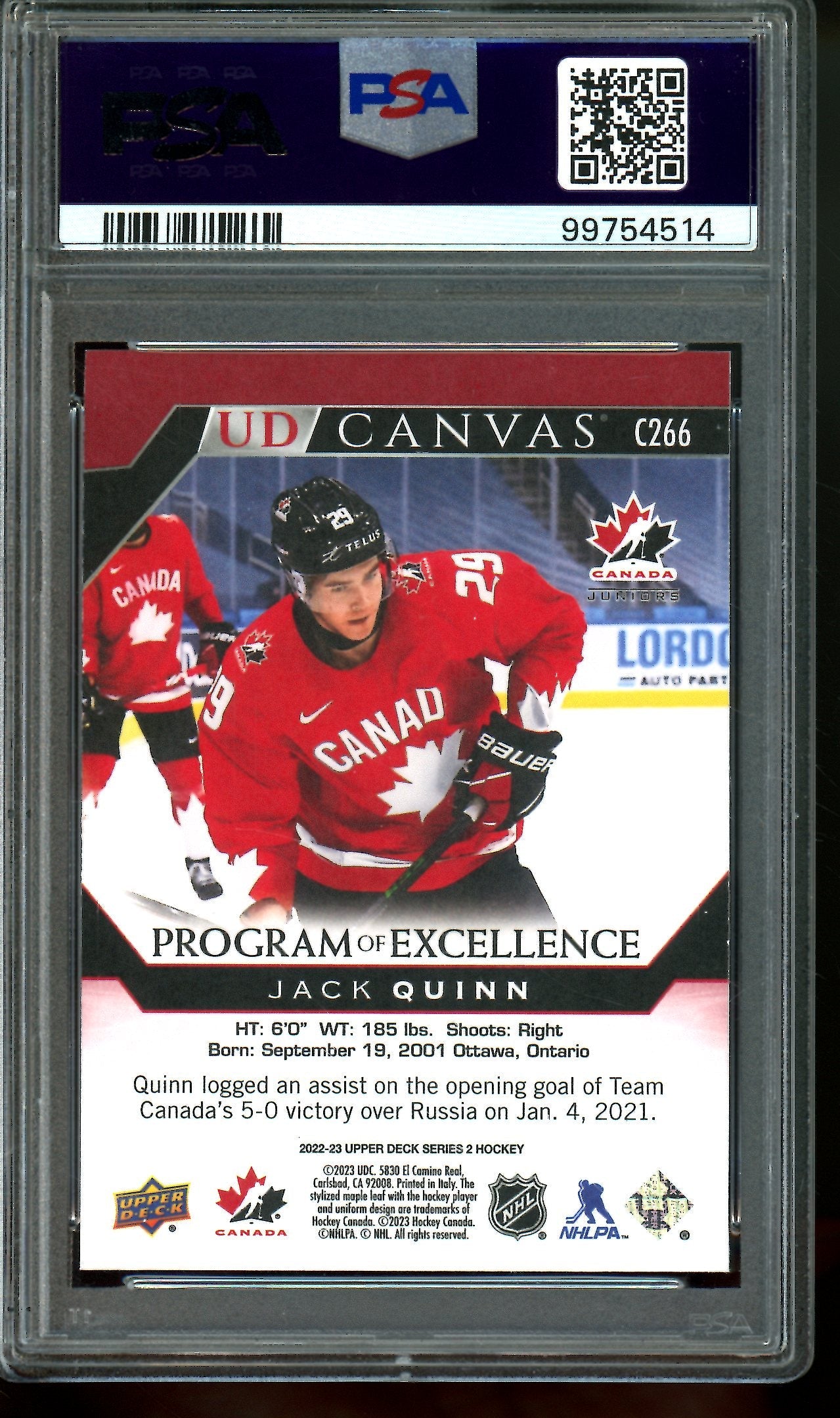 2022 Upper Deck Series 2 Jack Quinn UD Canvas Juniors PSA 10 Canada