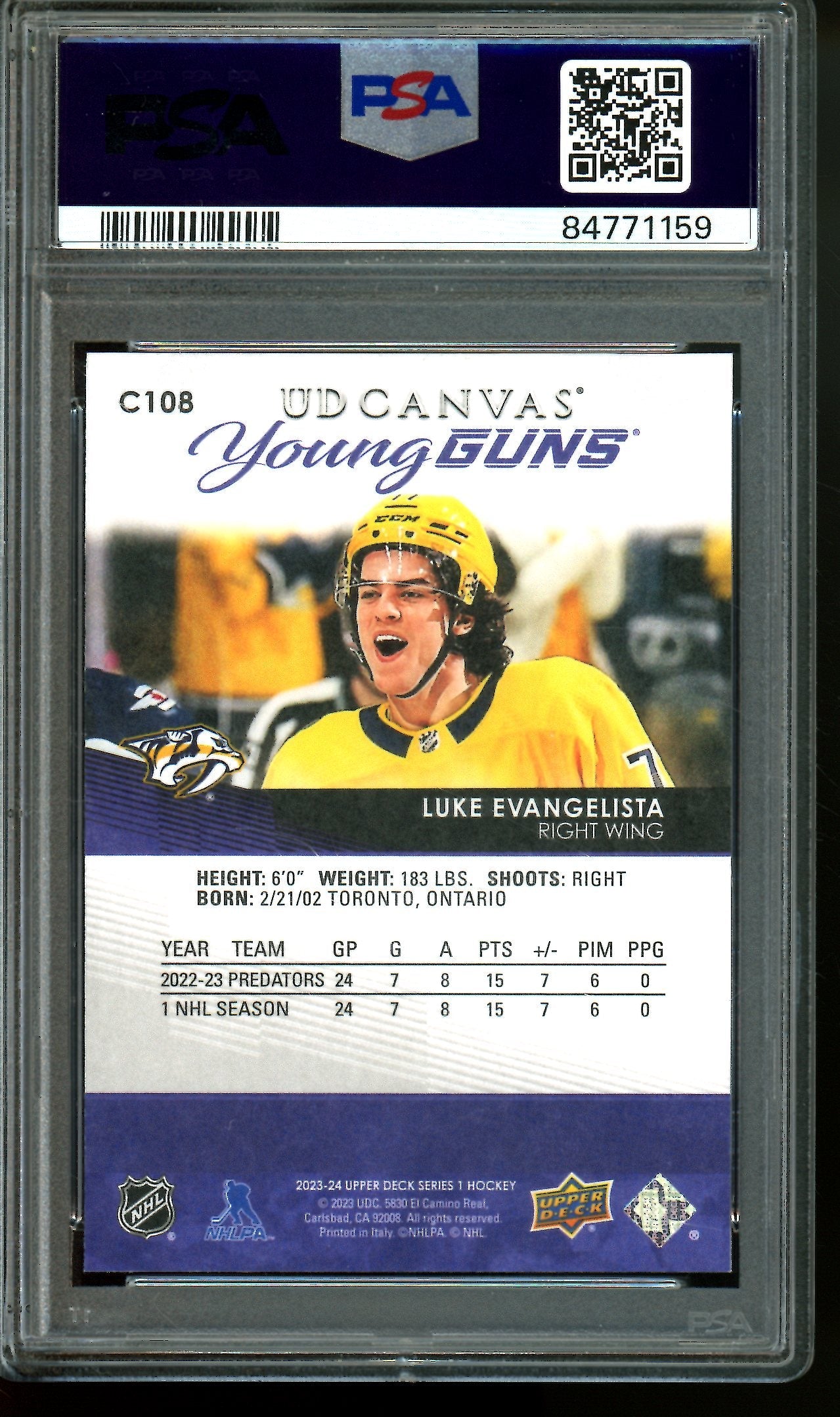 2023 Upper Deck Series 1 Luke Evangelista UD Canvas Young Guns PSA 10 Nashville