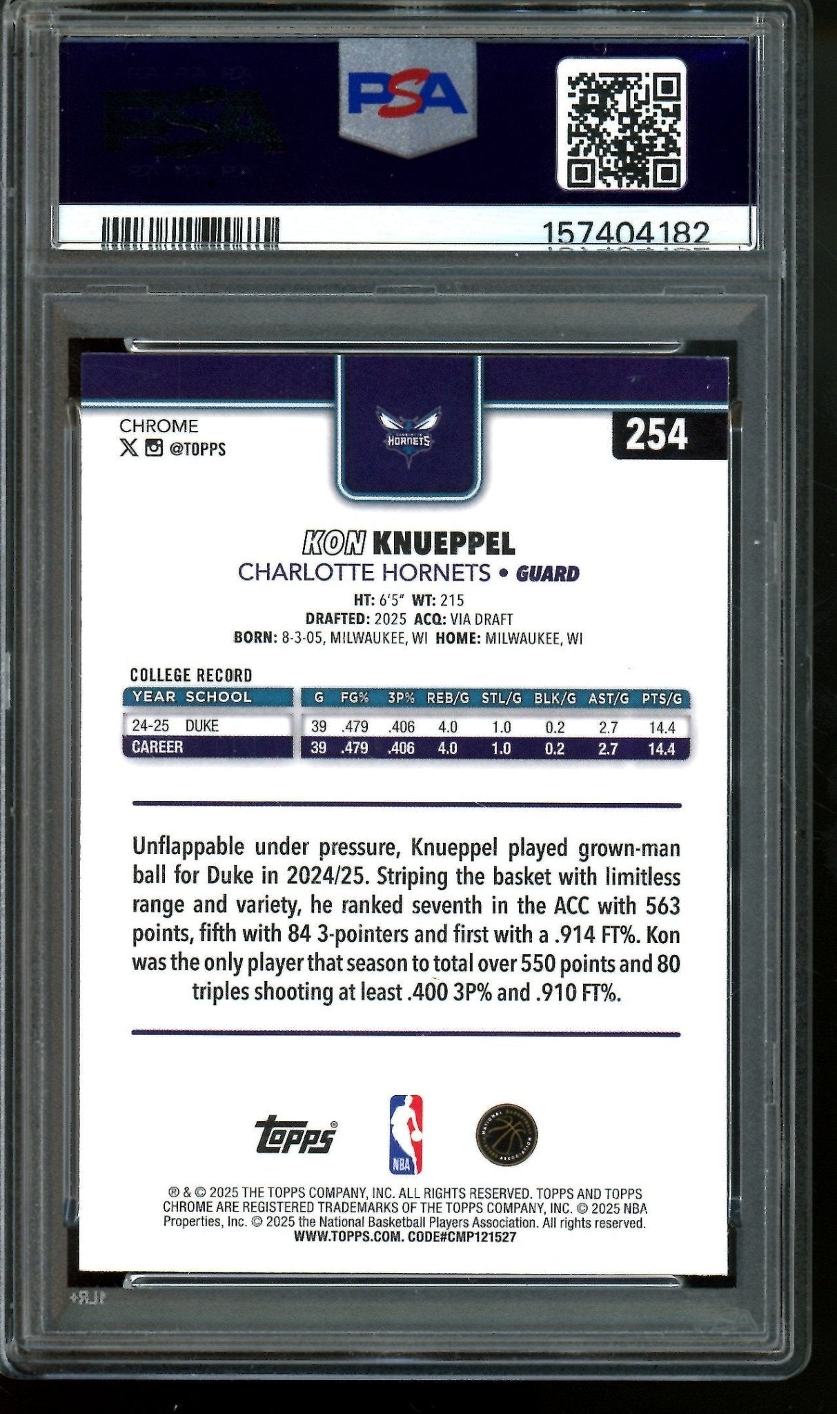 2025 Topps Chrome Kon Knueppel Rookie Basketball Refractor PSA 9 Hornets - Trading Card Market