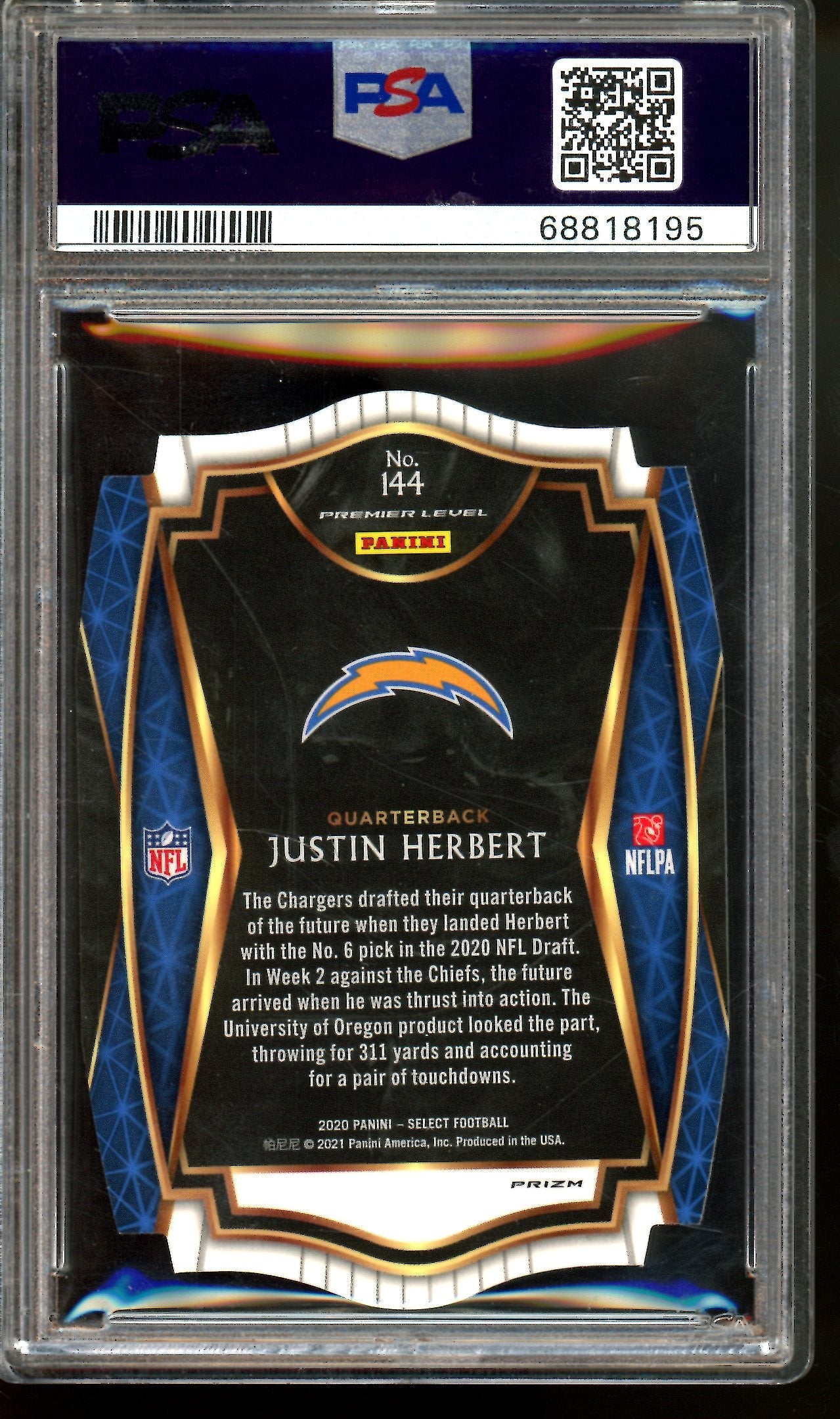 2020 Panini Select Justin Herbert Purple Die-Cut Prizm Purple Rookie PSA 10 Chargers