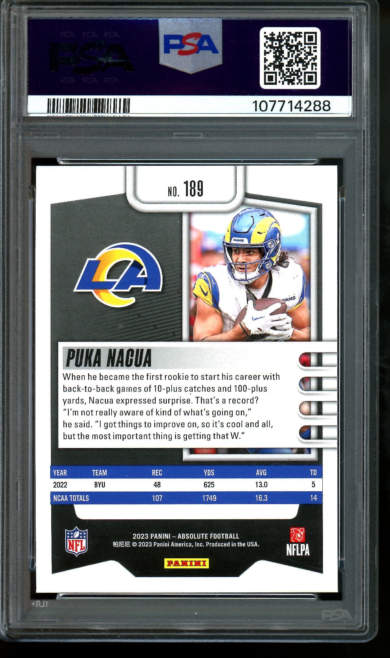 2023 Panini Absolute Puka Nacua Rookie PSA 10 Rams