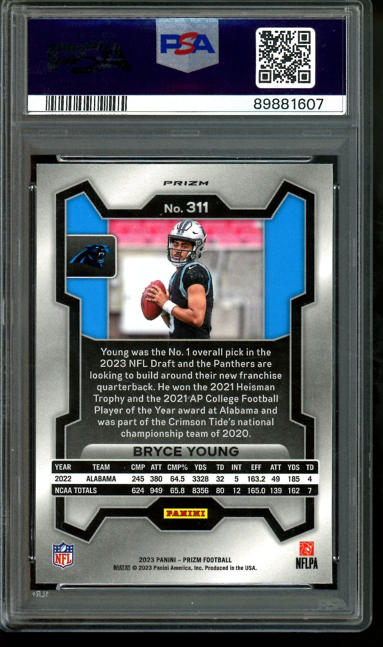 2023 Panini Prizm Bryce Young Lazer Rookie PSA 9 Panthers