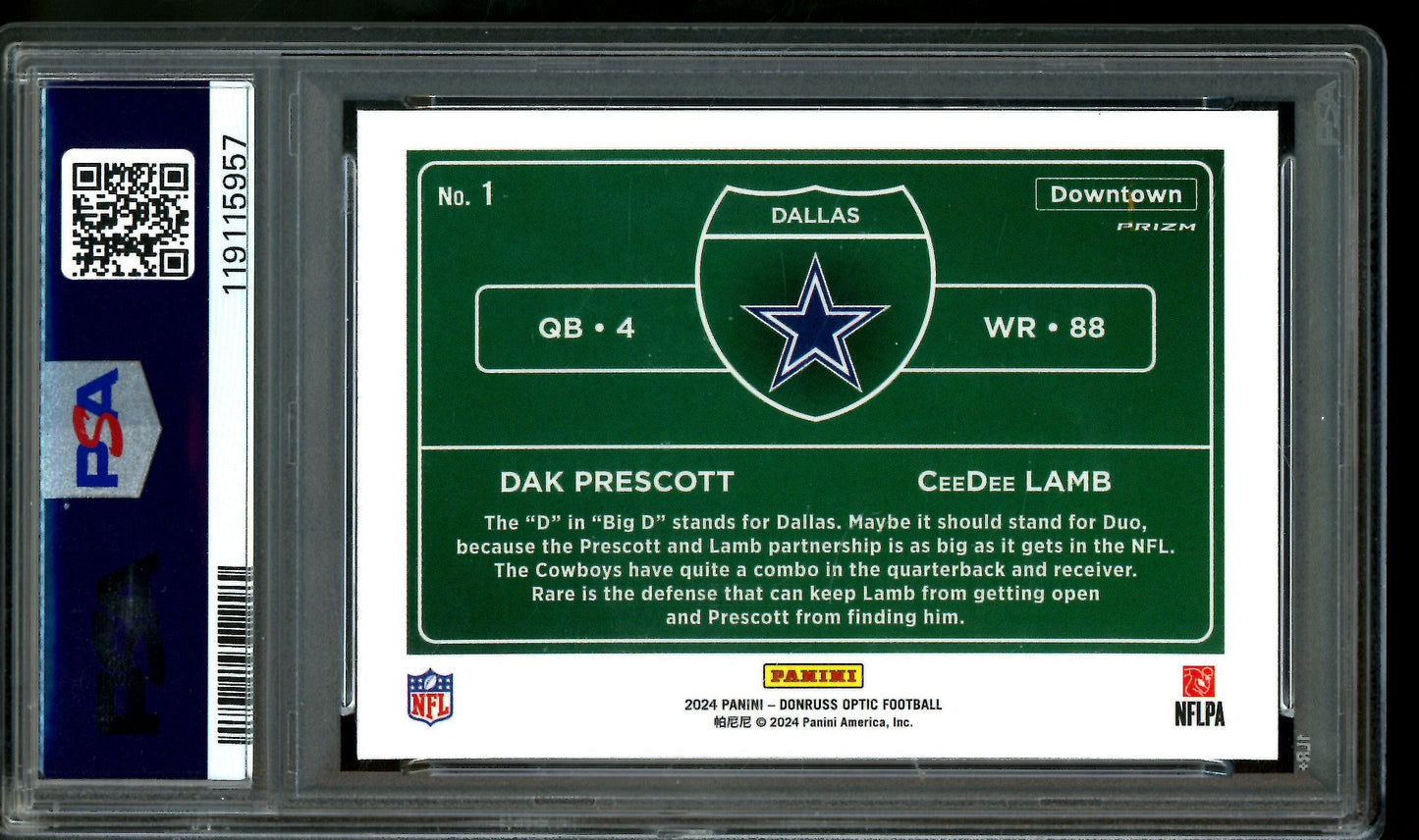 2024 Panini Optic Dak Precott / CeeDee Lamb Downtown Case Hit Dual PSA 9 Cowboys