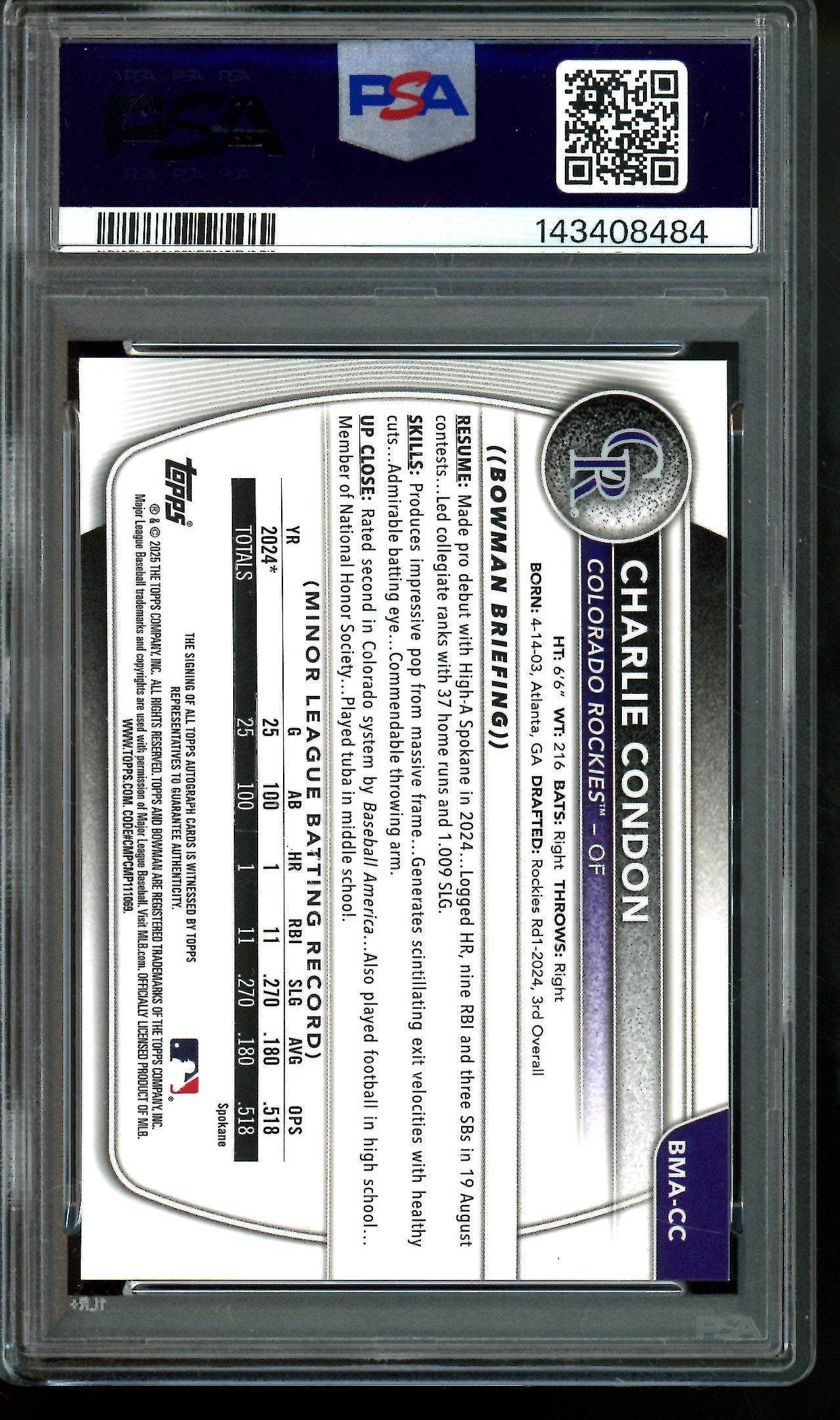 2025 Bowman Chrome Charlie Condon Mojo Autograph PSA 10 Rockies