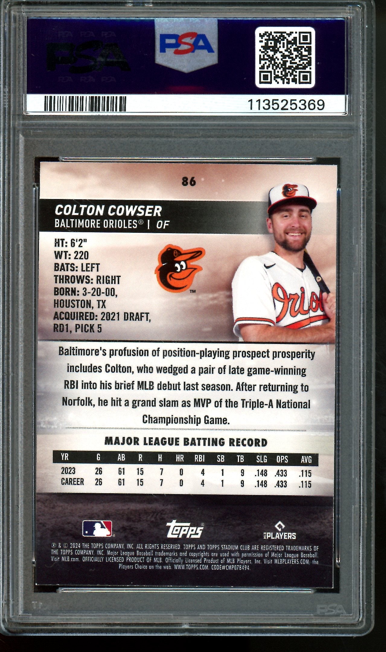 2024 Topps Stadium Club Colton Cowser Design Variation Rookie PSA 9 Orioles