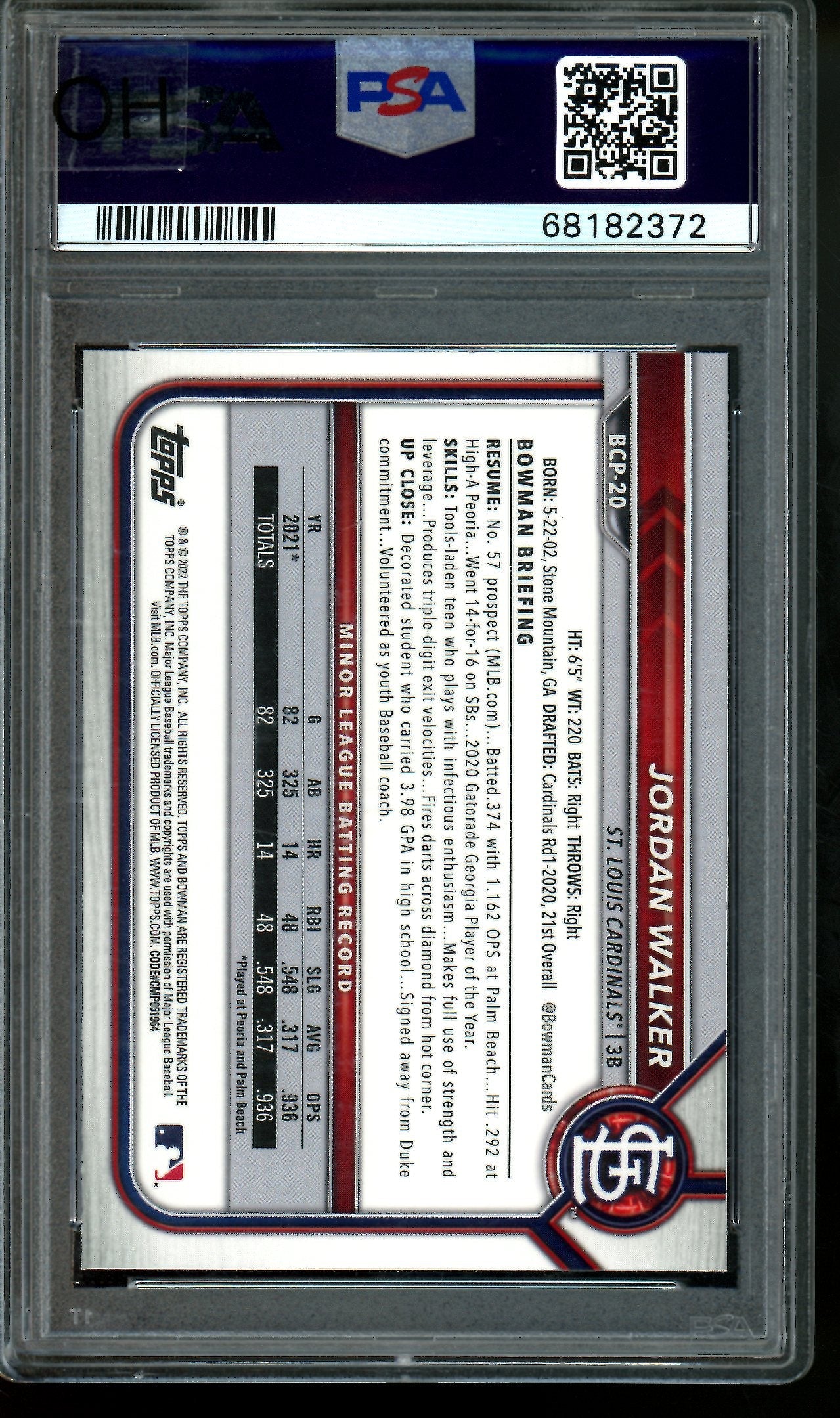 2022 Bowman Sapphire Jordan Walker Chrome Prospects PSA 9 Cardinals