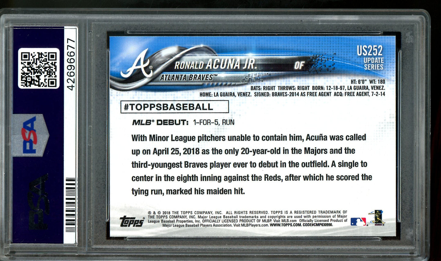 2018 Topps Update Ronald Acuna Jr Rookie PSA 10 Braves