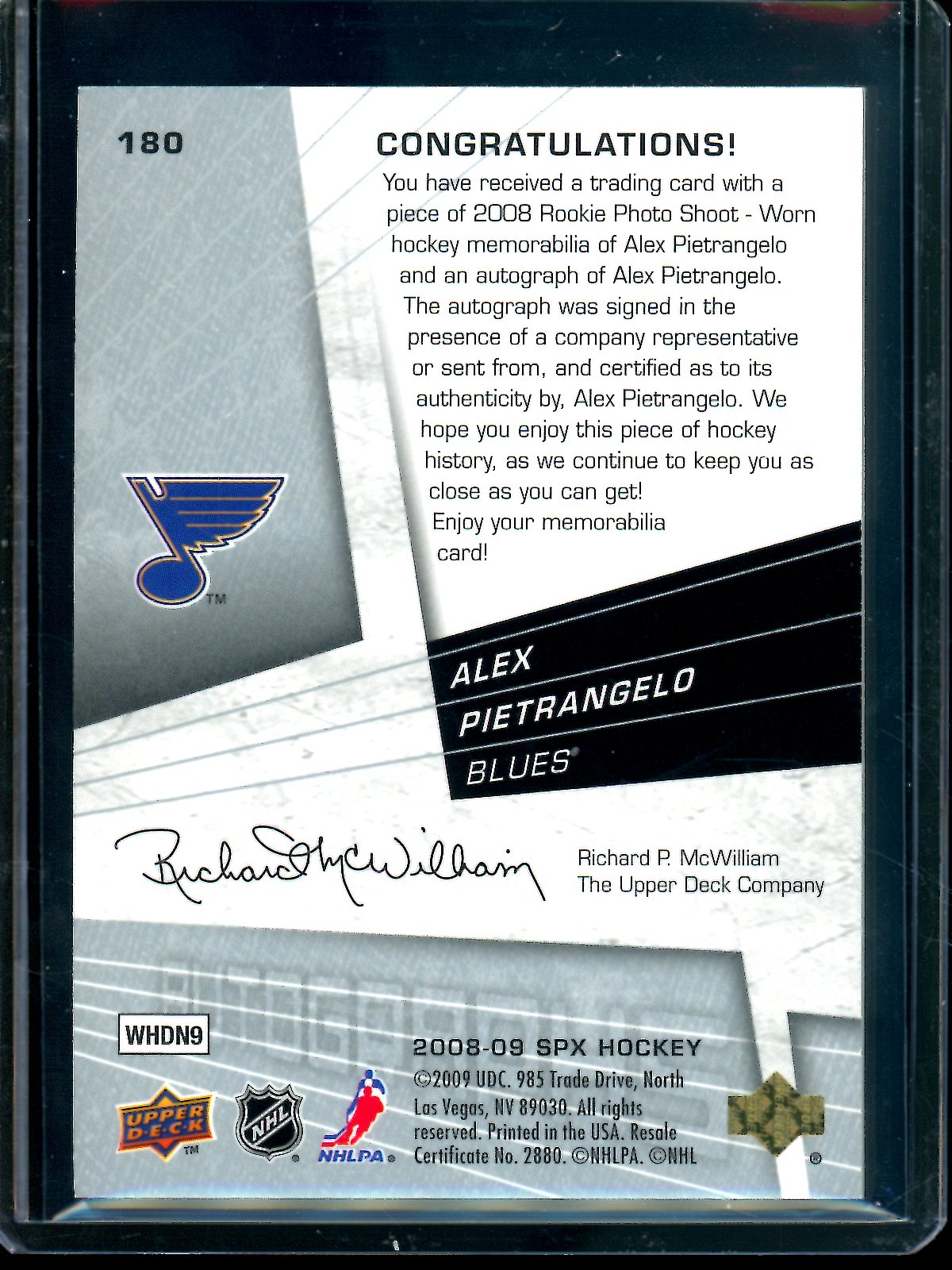 2009 Upper Deck SPX Alex Pietrangelo Rookie Patch Autograph /999 Blues