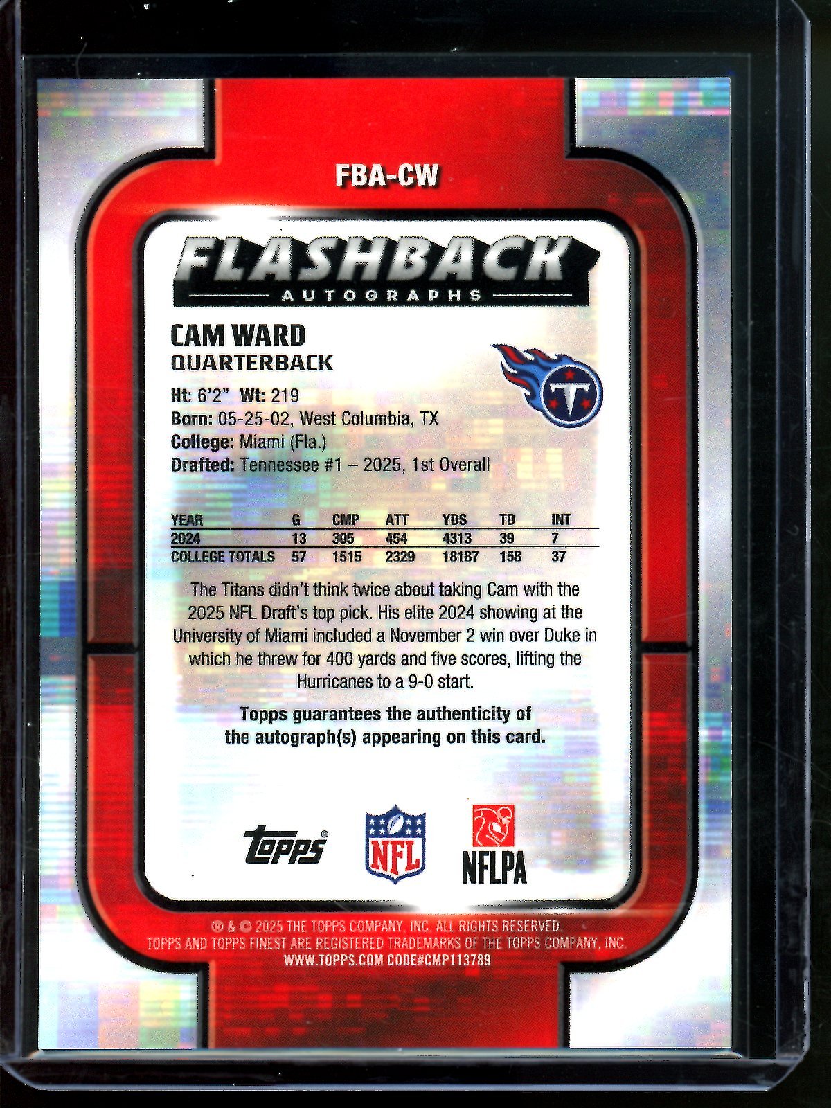 2025 Topps Finest Cam Ward Flashback Autographs Rookie Gold /50 Titans - Trading Card Market