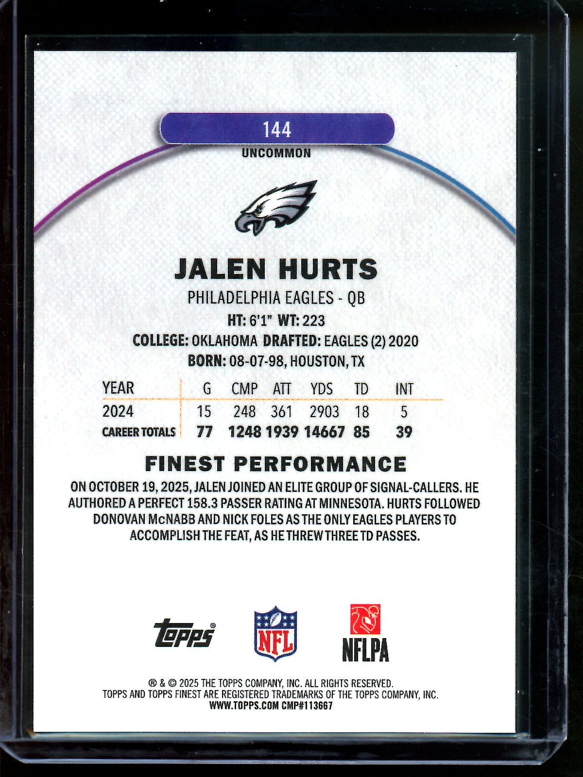 2025 Topps Finest Jalen Hurts Rare Orange Geometric Refractor /20 Eagles
