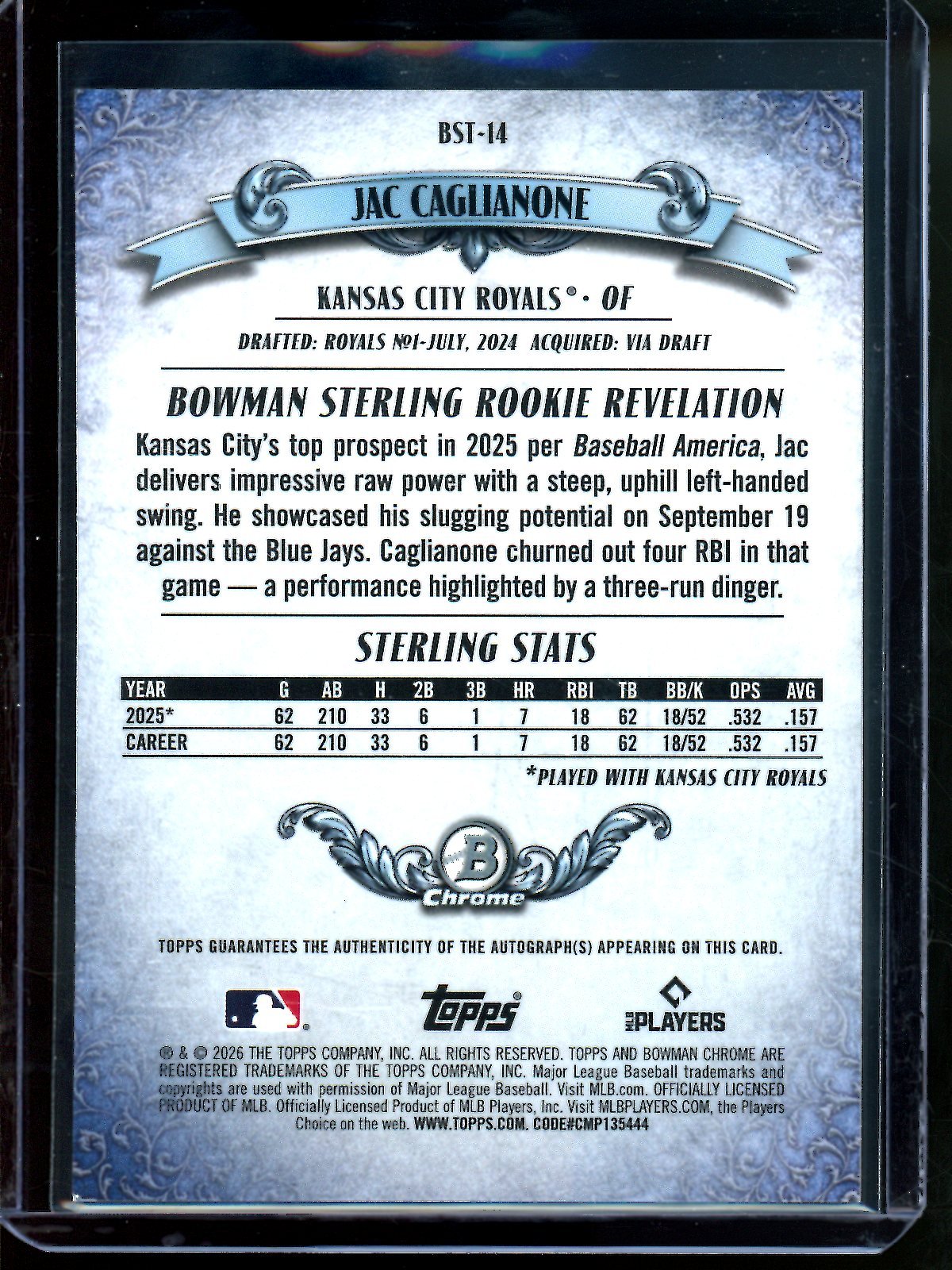 2026 Topps Bowman Chrome Jac Caglianone Sterling Autograph Refractor /150 Royals - Trading Card Market