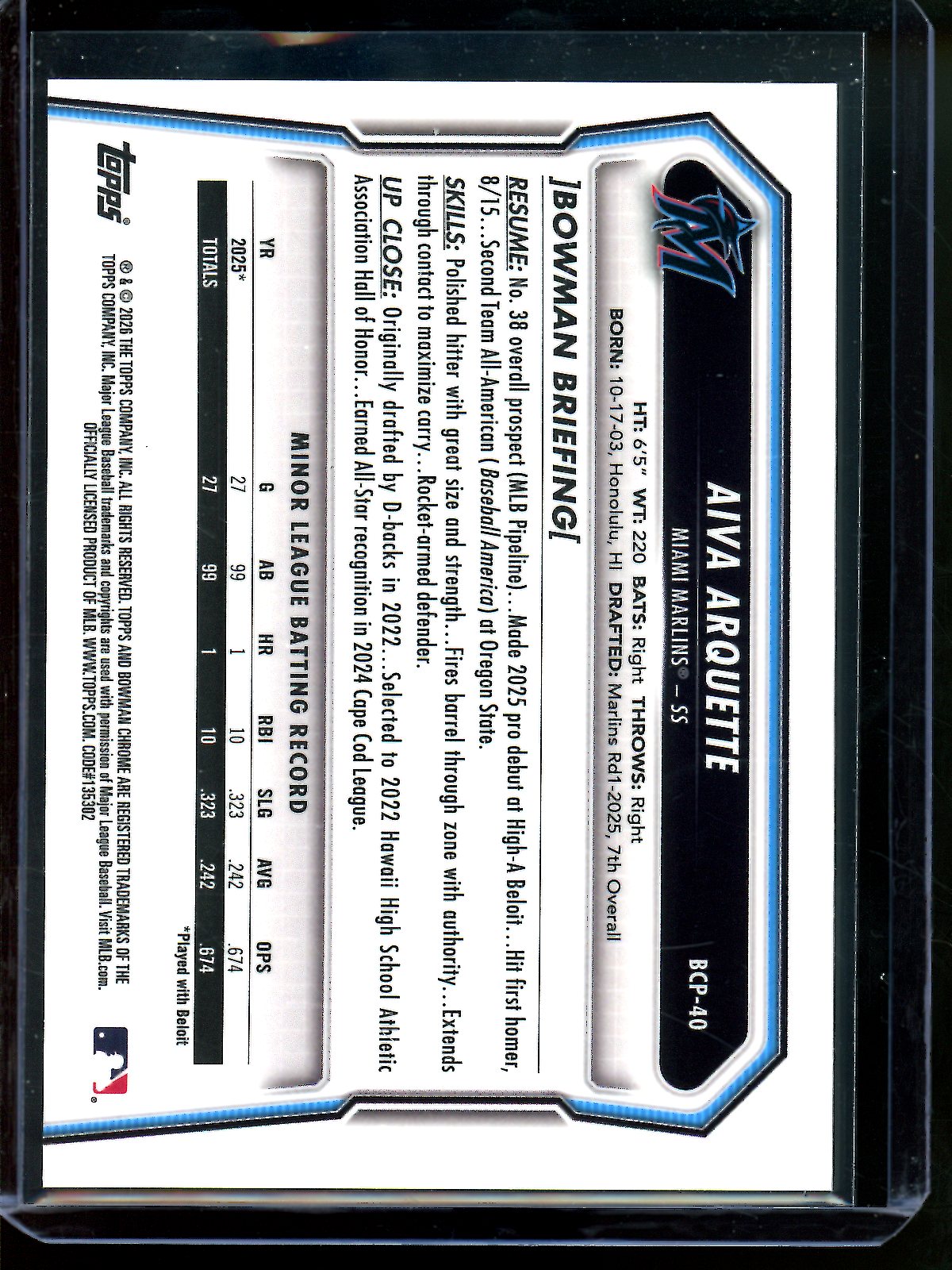 2026 Bowman Chrome Aiva Arquette Bowman Refractor 1st SP /35 Marlins