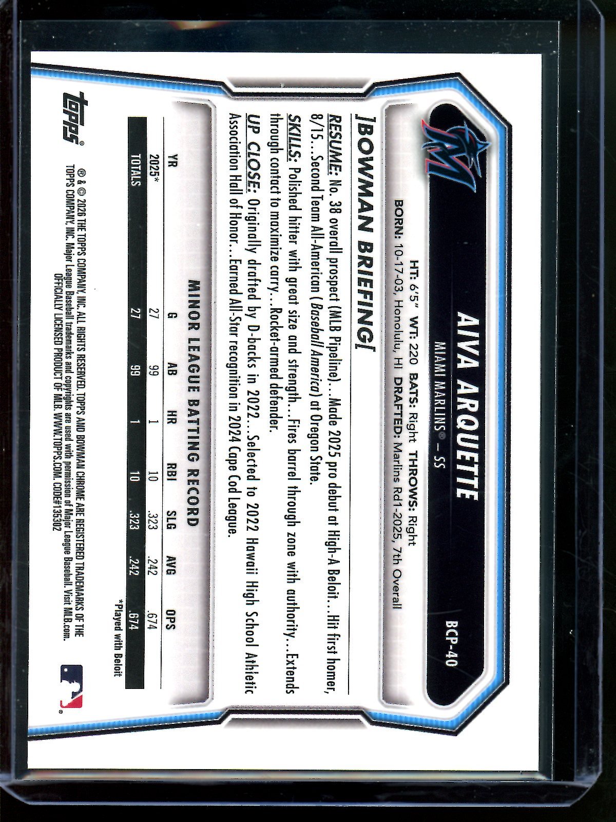 2026 Bowman Chrome Aiva Arquette Bowman Refractor 1st SP /35 Marlins - Trading Card Market