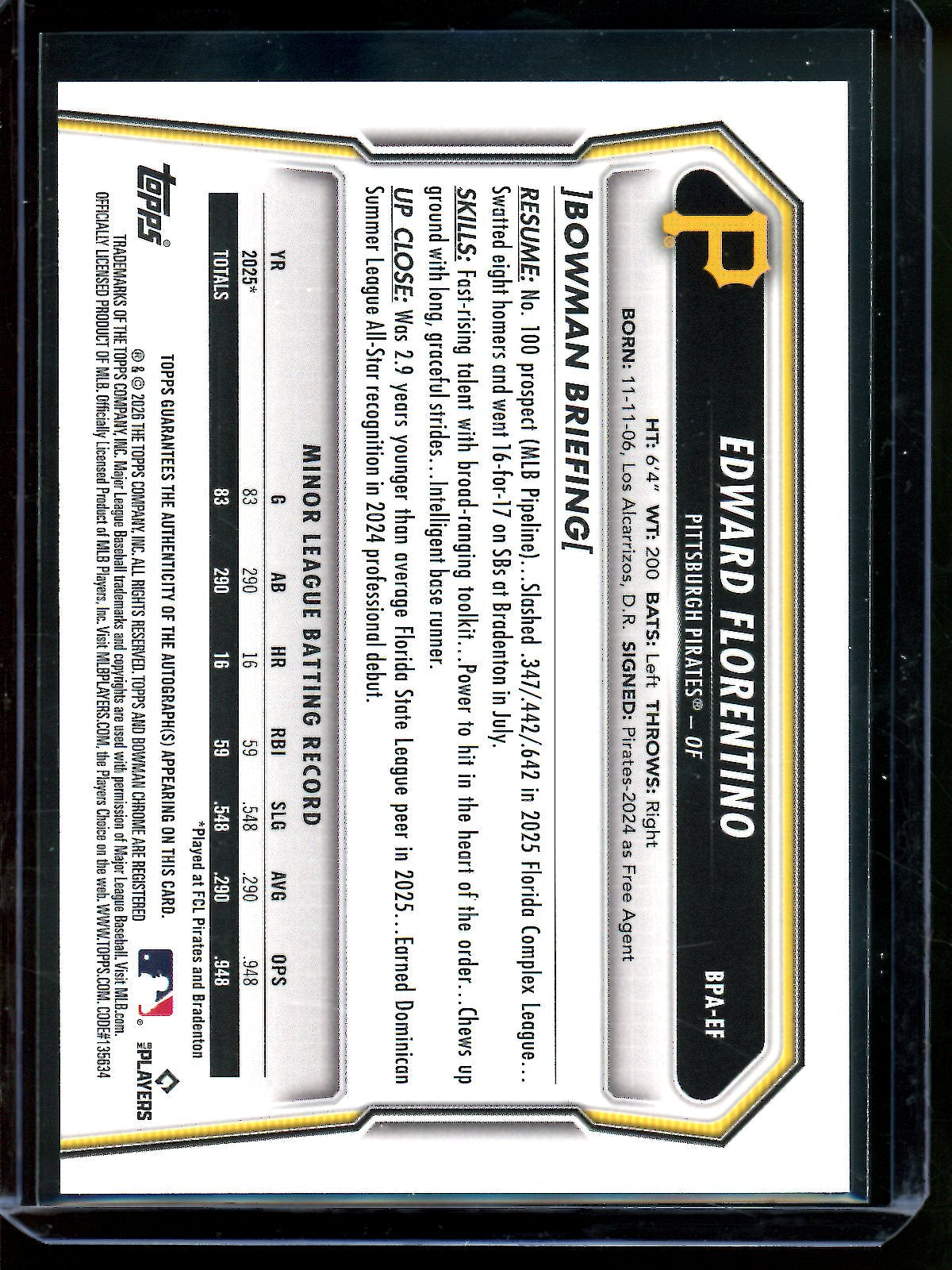 2026 Bowman Edward Florentino 1st Autograph Paper Pirates