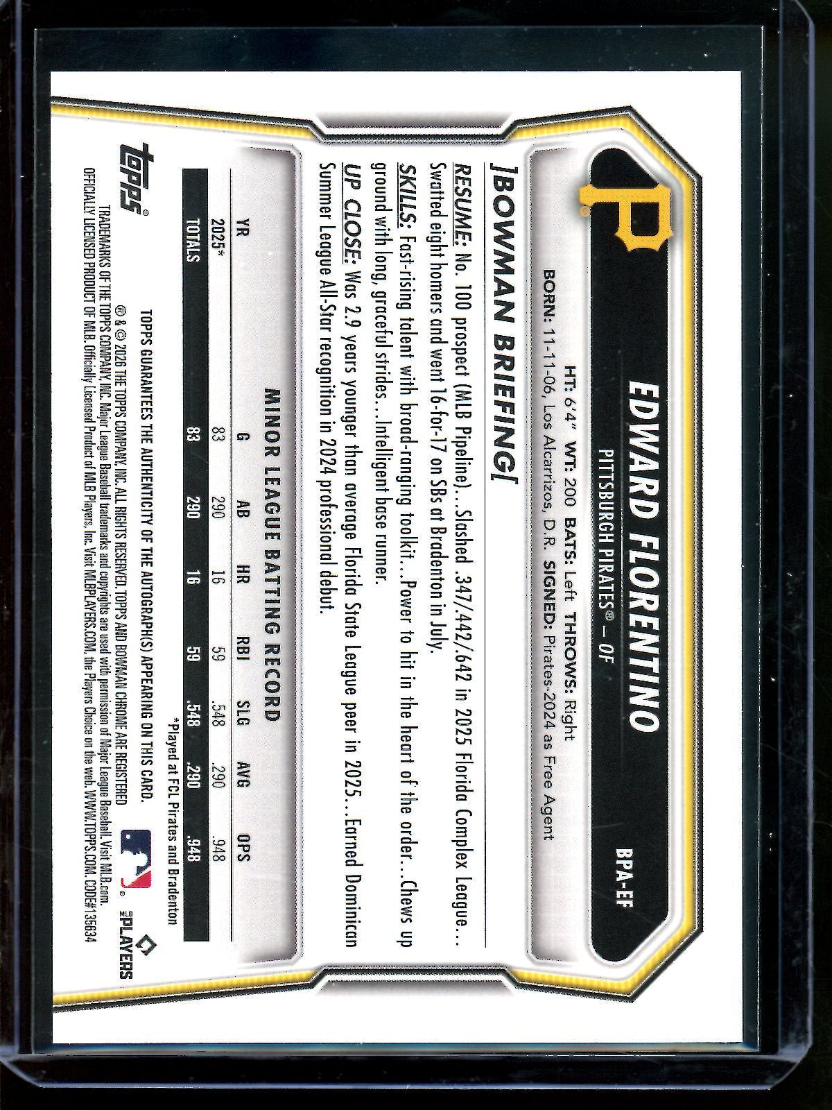 2026 Bowman Edward Florentino 1st Autograph Paper Pirates - Trading Card Market