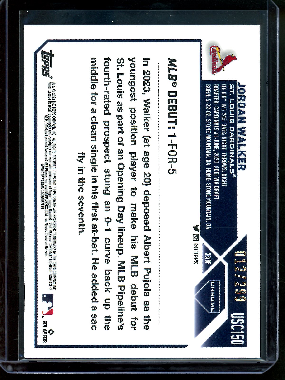 2023 Topps Chrome Jordan Walker Magenta Lava Rookie /299 Cardinals
