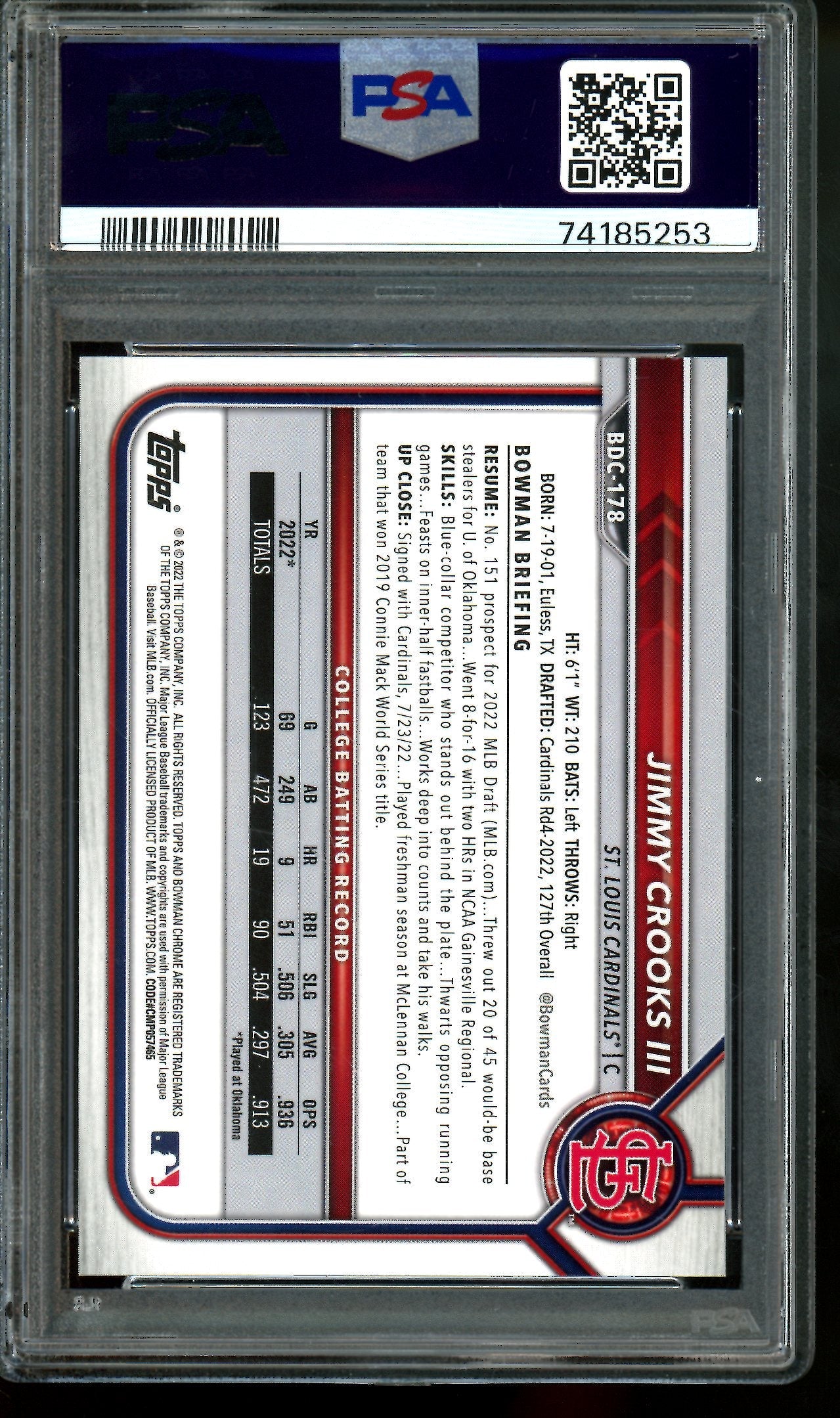 2022 Bowman Chrome Jimmy Crooks III 1st Yellow Sapphire PSA 10 Cardinals