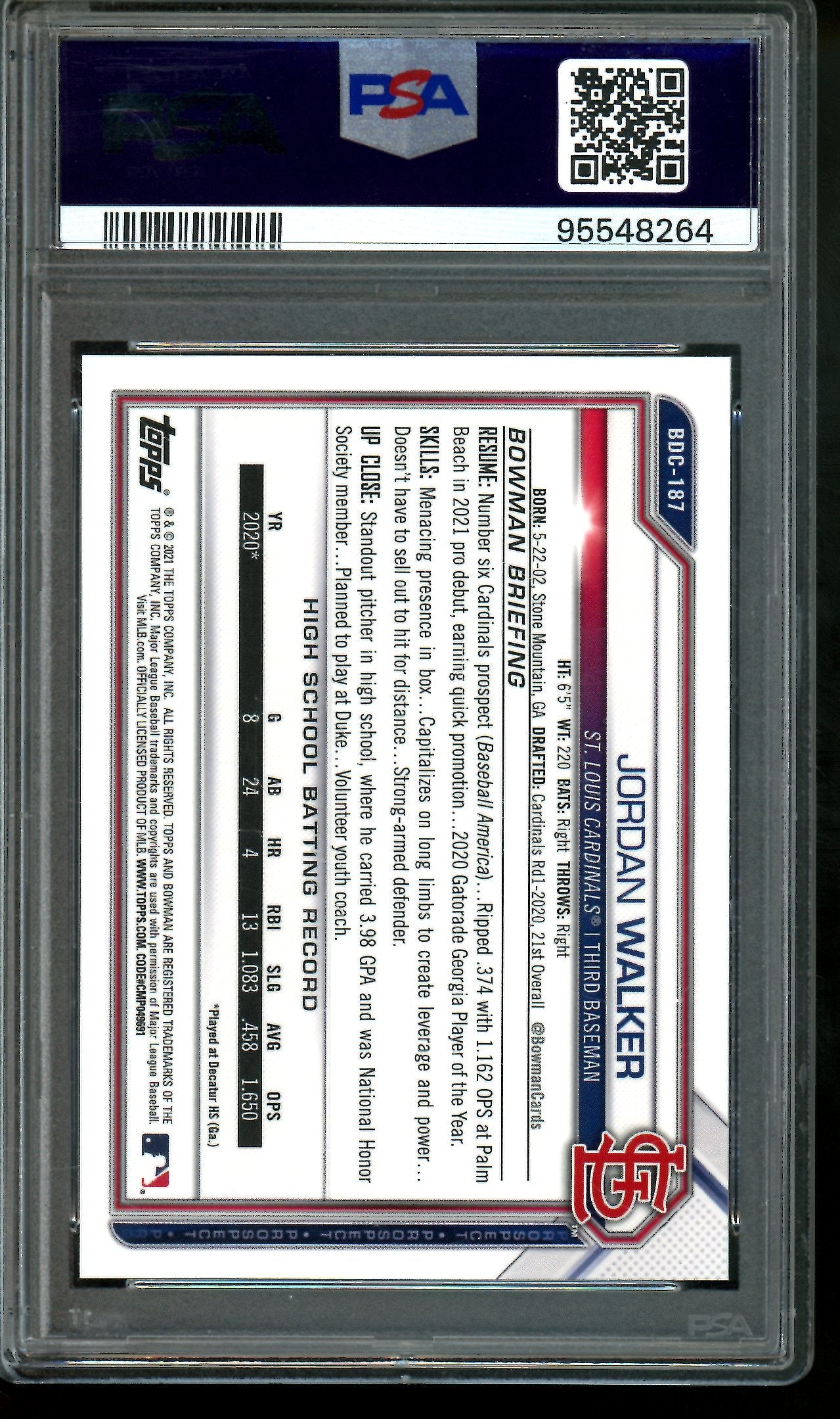 2021 Bowman Sapphire Jordan Walker Green /50 PSA 10 Cardinals