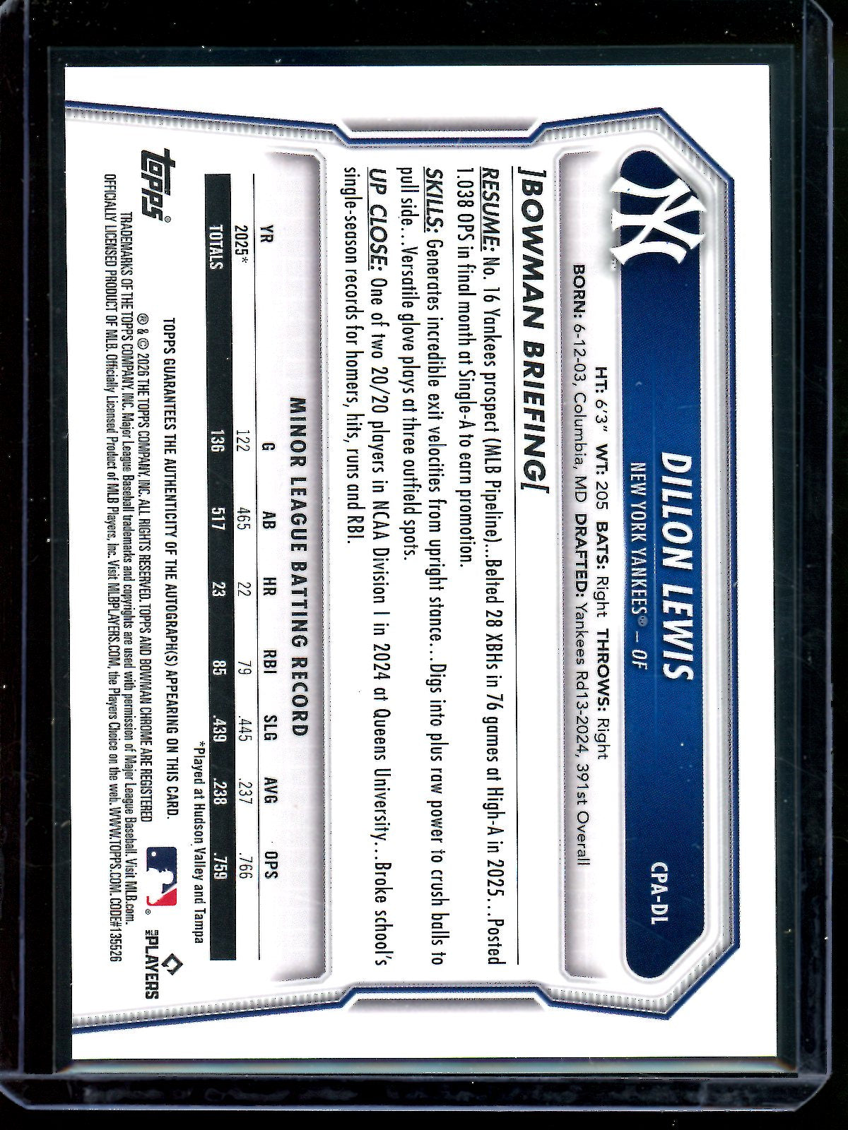 2026 Bowman Chrome Dillon Lewis 1st Mini Diamond Autograph /100 Yankees