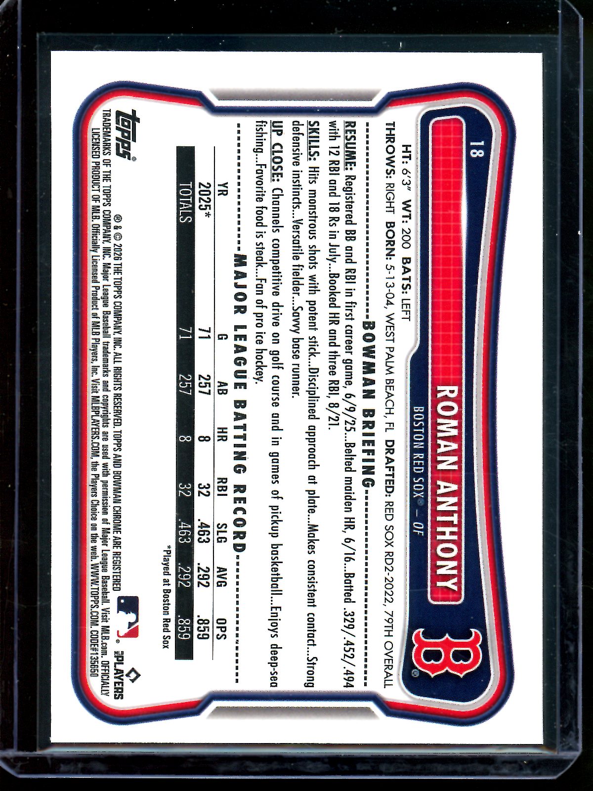 2026 Bowman Chrome Roman Anthony Red Rookie Redemption Red Sox