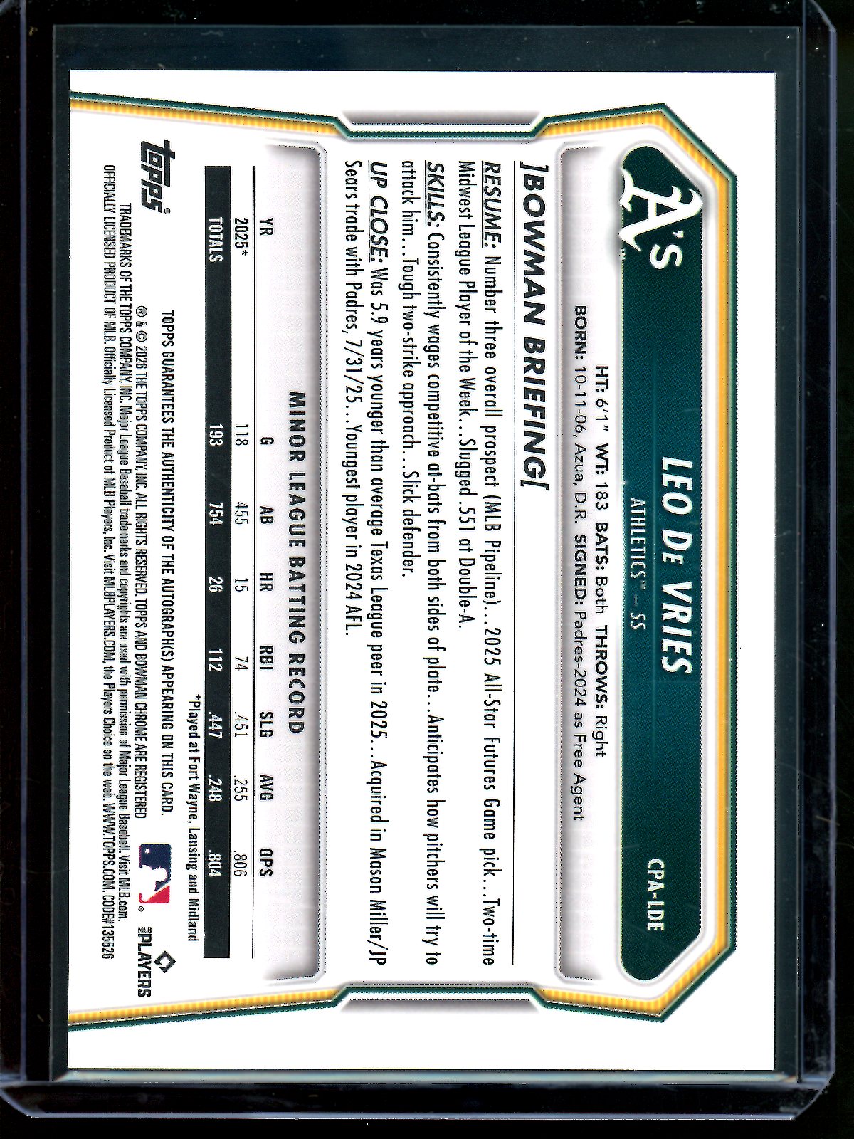 2026 Bowman Chrome Leo De Vries Aqua Autograph /125 Athletics