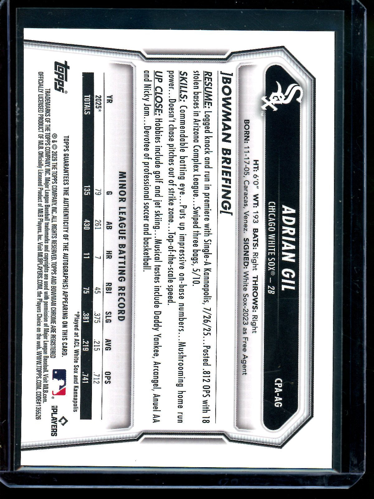 2026 Bowman Chrome Adrian Gil 1st Gold Lava Autograph /50 White Sox