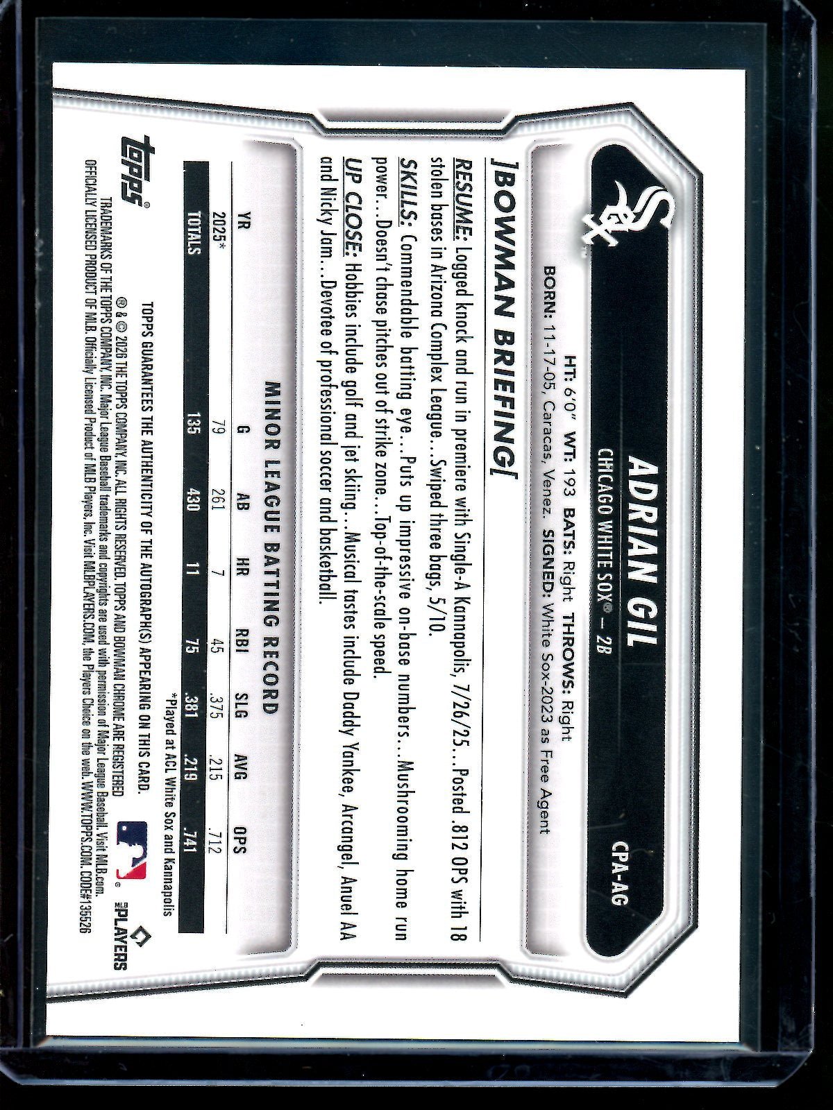 2026 Bowman Chrome Adrian Gil 1st Gold Lava Autograph /50 White Sox - Trading Card Market
