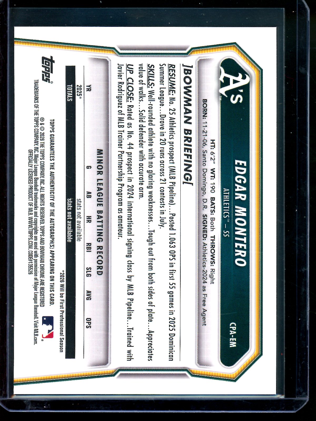 2026 Bowman Chrome Edgar Montero 1st Mojo Autograph /150 Athletics