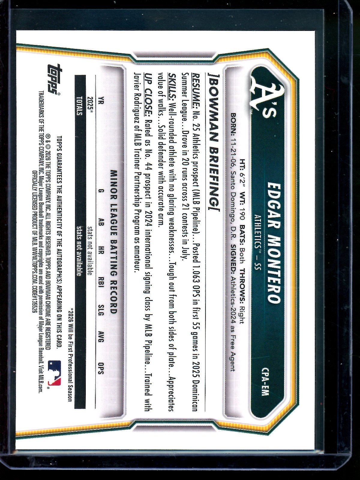 2026 Bowman Chrome Edgar Montero 1st Mojo Autograph /150 Athletics - Trading Card Market