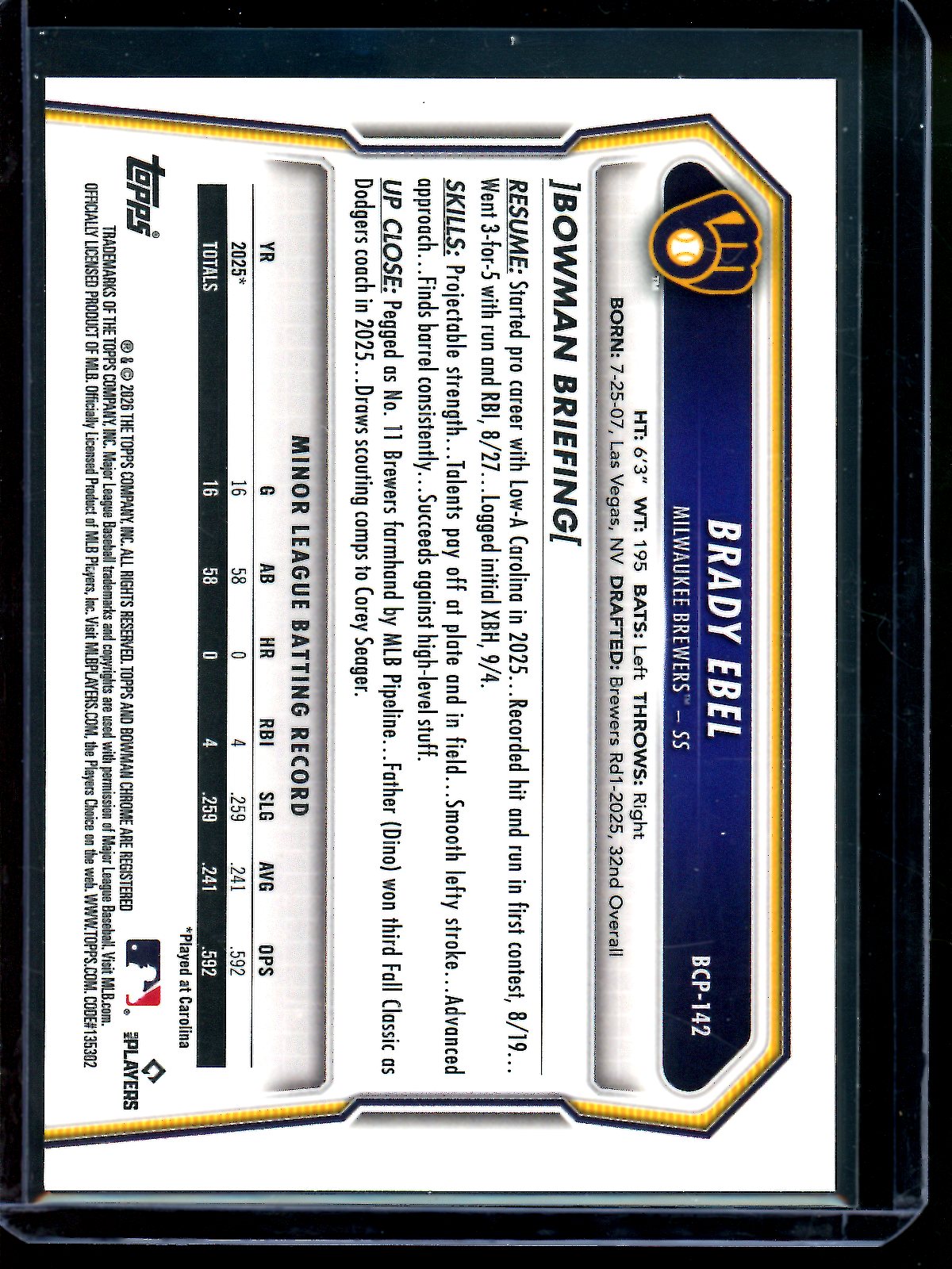 2026 Bowman Chrome Brady Ebel Orange Geometric Refractor /25 Brewers