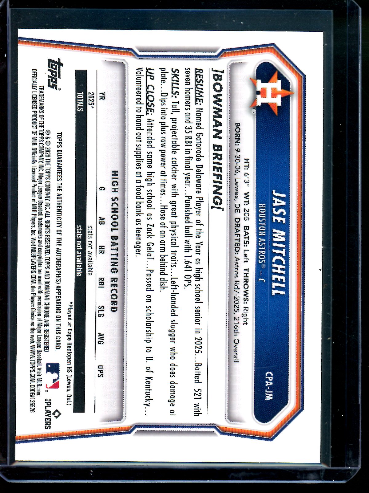 2026 Bowman Chrome Jase Mitchell 1st Green Lava Autograph /99 Astros