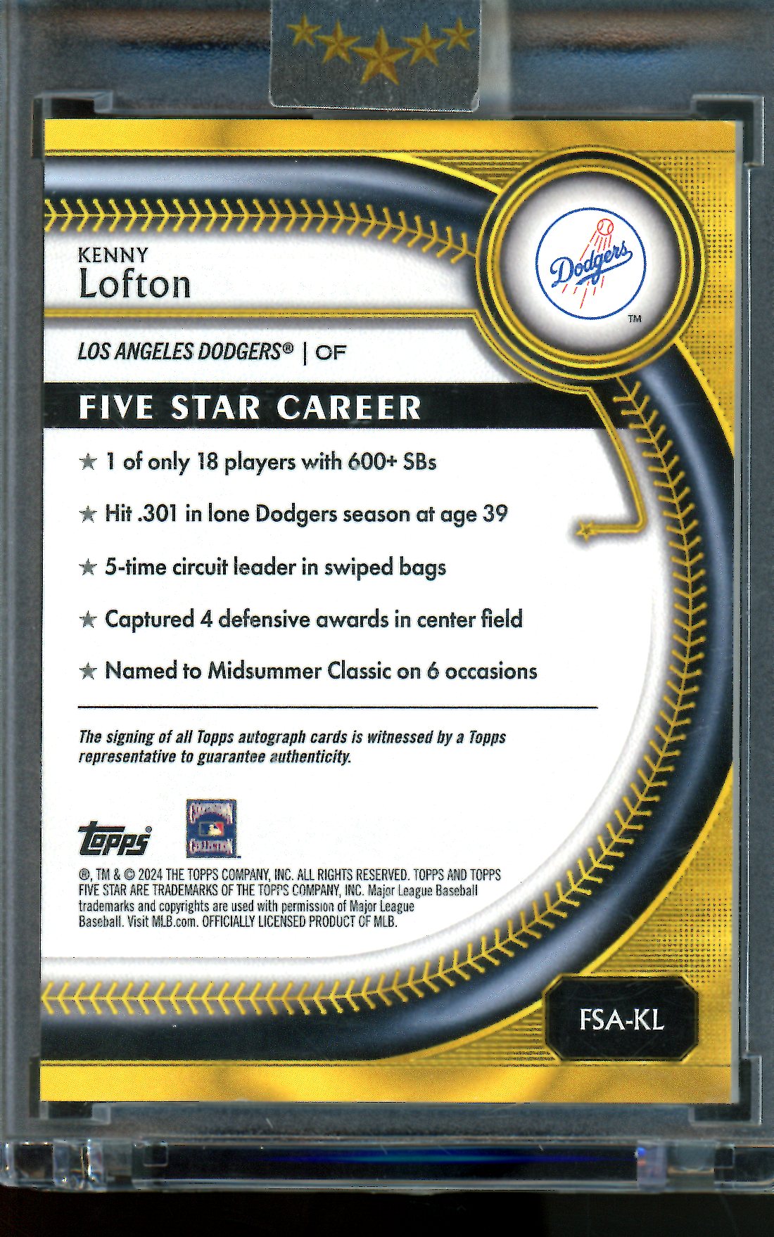 2025 Topps Five Star Kenny Lofton Purple Autograph /50 Dodgers