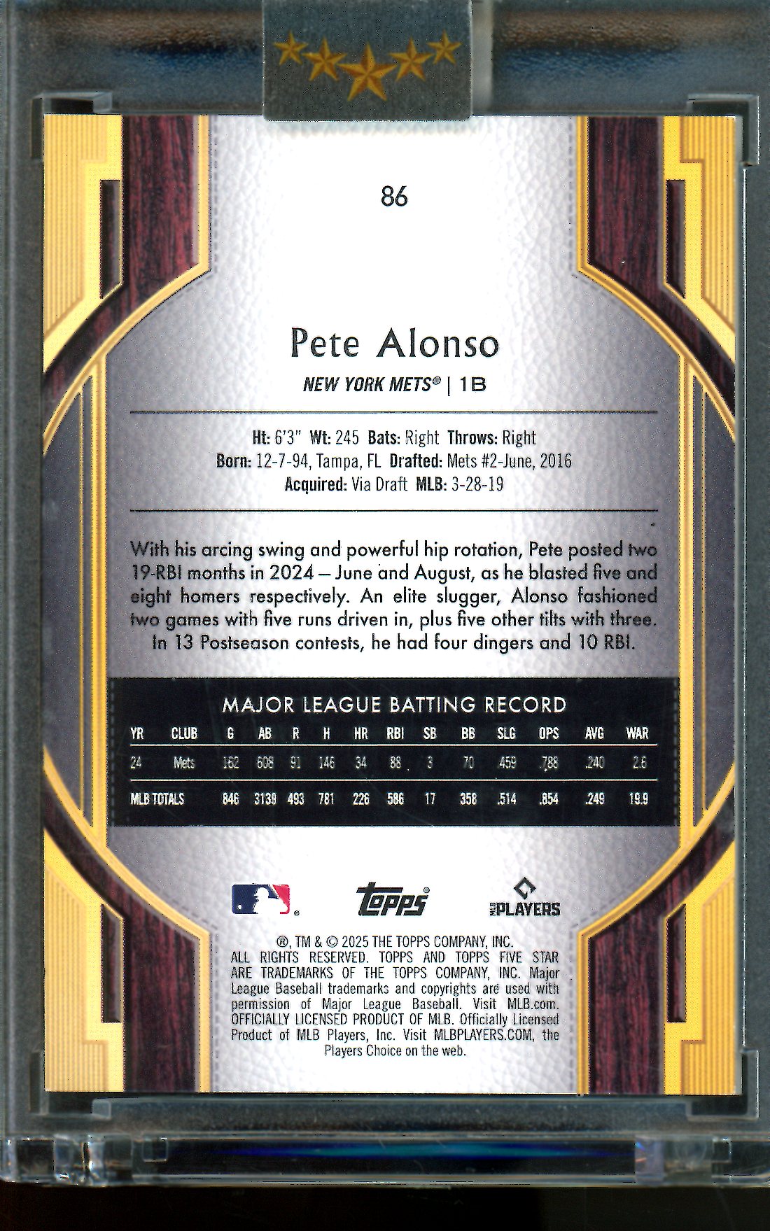 2025 Topps Five Star Pete Alonso Orange Encased Refractor Mets