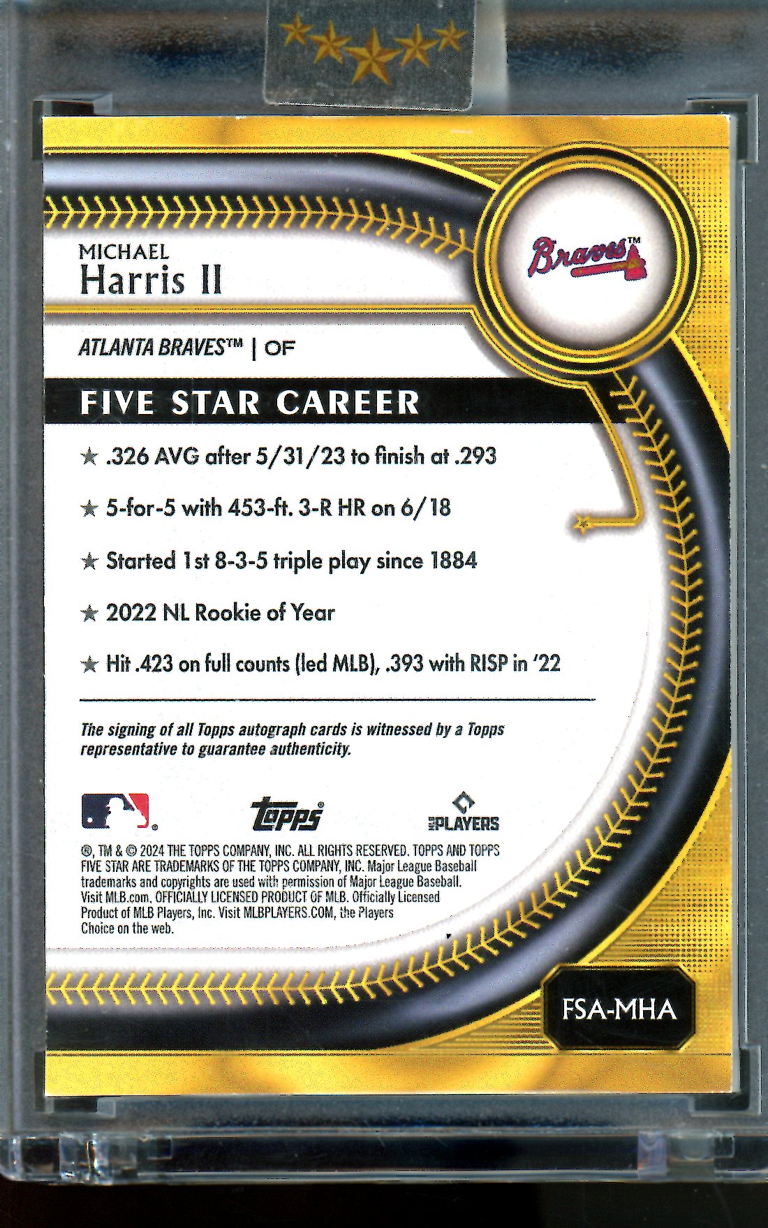 2025 Topps Five Star Michael Harris II Aqua Autograph Encased /75 Braves