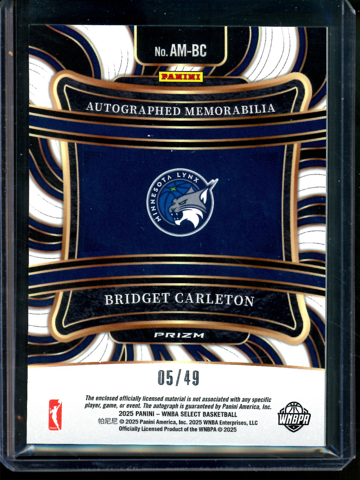 2025 Panini Select Bridget Carleton Blue Patch Autograph /49 Lynx